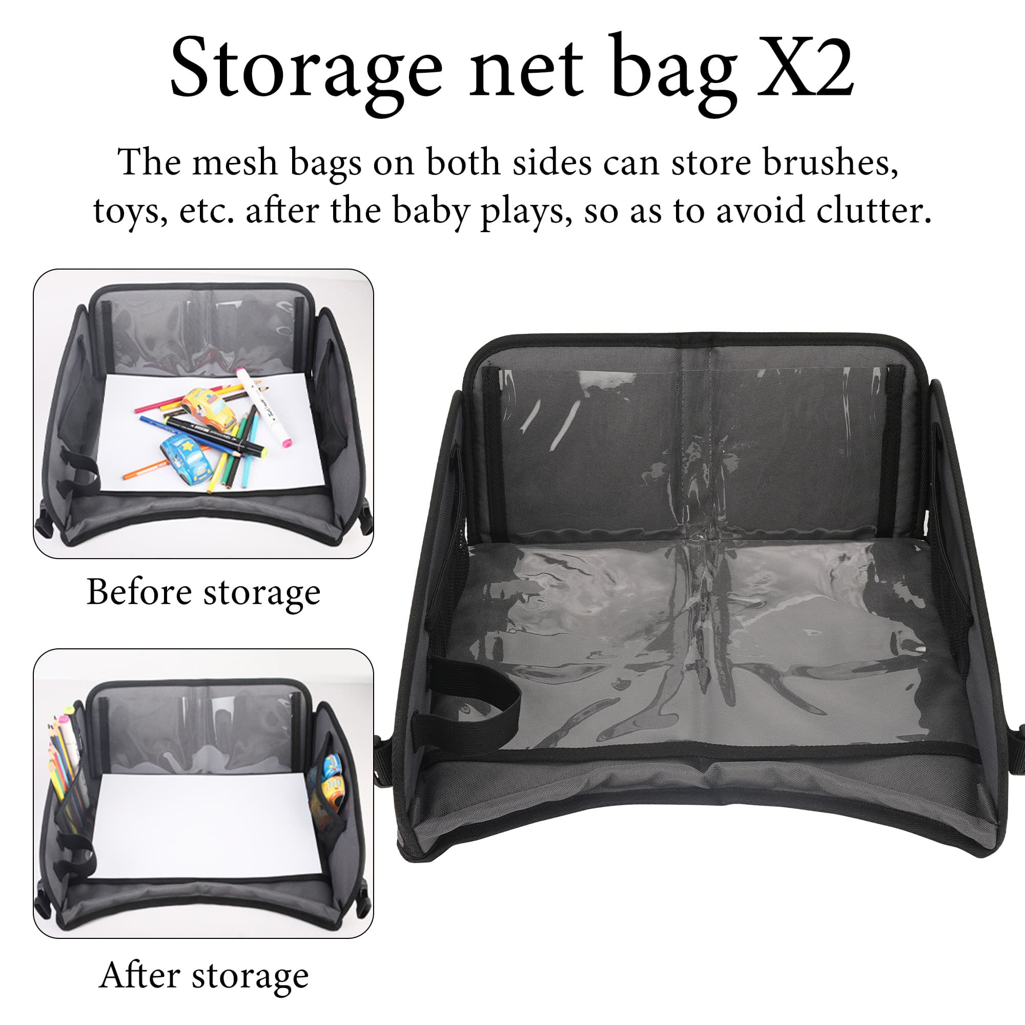 ReignSword Portable Car Seat Tray for Road or Airplane Travel Essentials, Foldable Storage Drawing Board with Pockets - 2