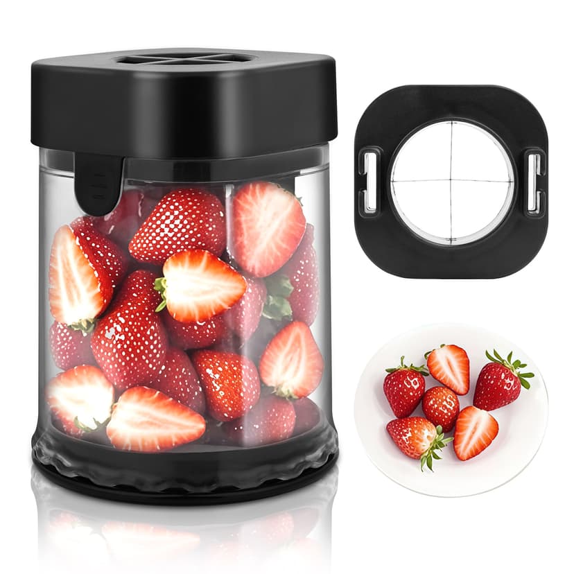 ReignSword Fruit Slicer Cup, Multi-Function Strawberry Slicer, Grape Cutter & Detachable Egg Dicer, Stainless Steel Speed Chopper for Cherry Tomatoes, Kitchen Gadget for Fruits & Vegetables (Black)