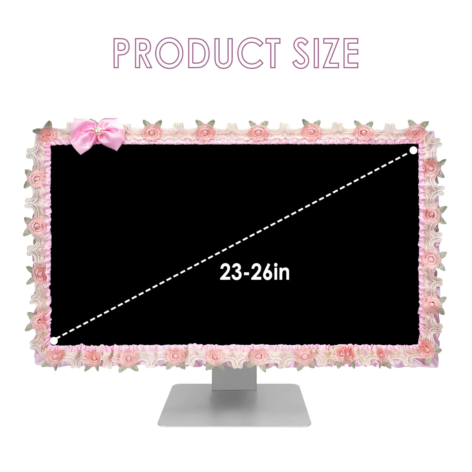 ReignSword 2 Pcs 23''-26'' Cute Computer Monitor Cover with Bow Tie, Lovely Computer Accessories with Lace Design, Monitor Dust Cover Protector (Pink) - 1