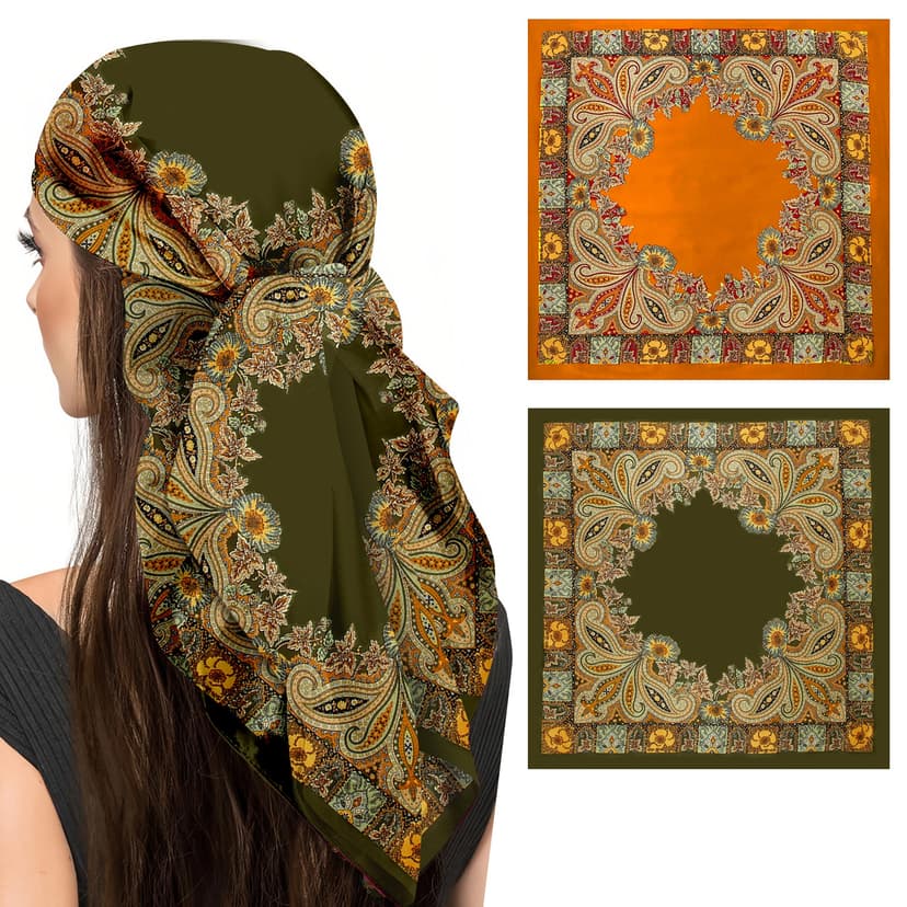 ReignSword 35” Large Square Head Scarf for Women, 2 Pcs Like Silk Hair Fashion Scarves, Silk Bandana Scarf for Hair Wrapping (Green, Yellow)