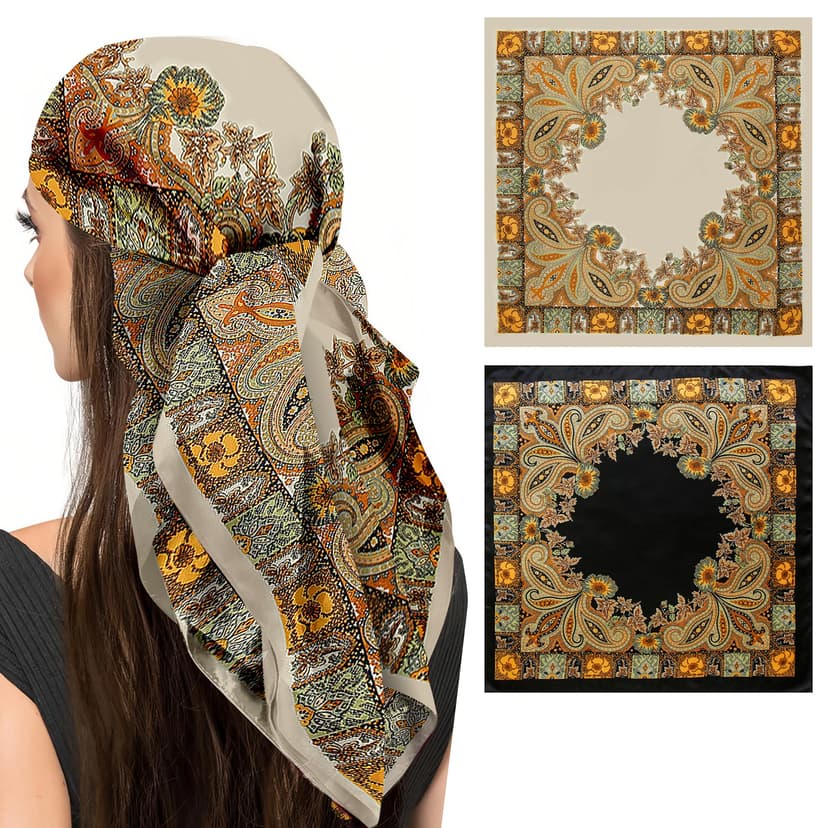 ReignSword 35” Large Square Head Scarf for Women, 2 Pcs Like Silk Hair Fashion Scarves, Silk Bandana Scarf for Hair Wrapping (Beige, Yellow Black)