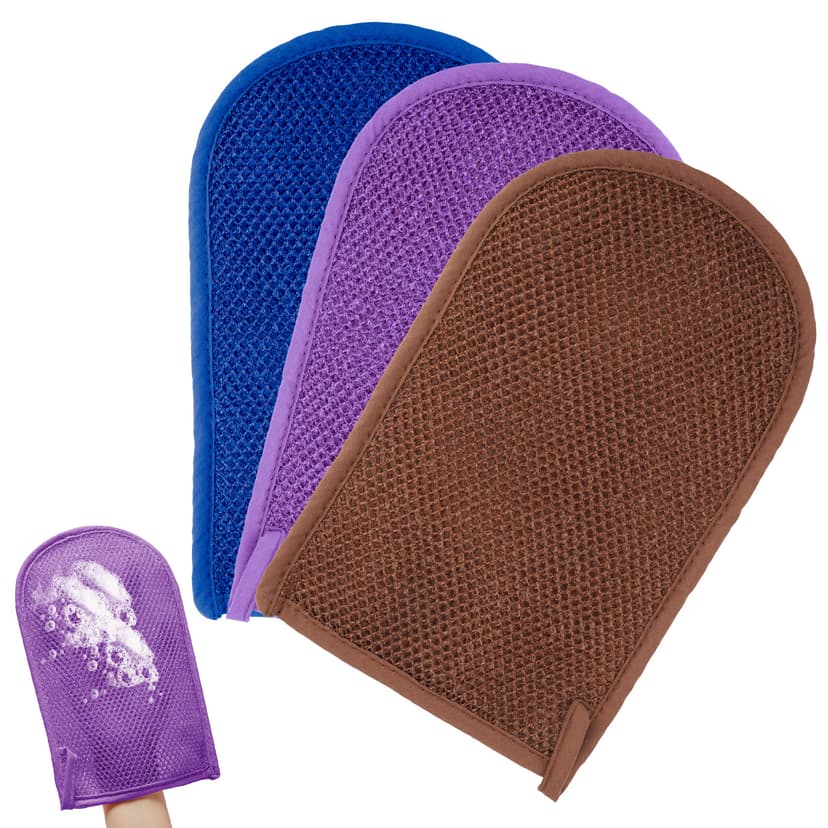 ReignSword 3 Pack African Net Sponge Exfoliating Glove, Deep Cleaning Bath Sponge Body Scrubber for Dead Skin, Exfoliating Shower Gloves for Men and Women (Blue, Purple, Brown)