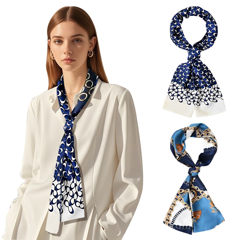 ReignSword Like Silk Neck Head Scarf for Women, Fashion Printed Neck Wrap, Hair Tie and Handbag Accessory, Lightweight Breathable 5.5 x 59 Inch Long Scarf (2 Pcs, Style Mix C)