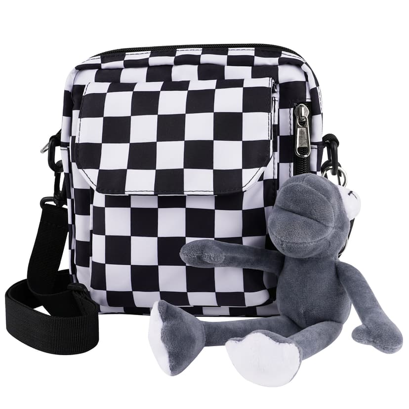 ReignSword Mini Crossbody Messenger Bag for Women Men, Cute Nylon Shoulder Purse Bag with Detachable Frog Pendant, Checkered