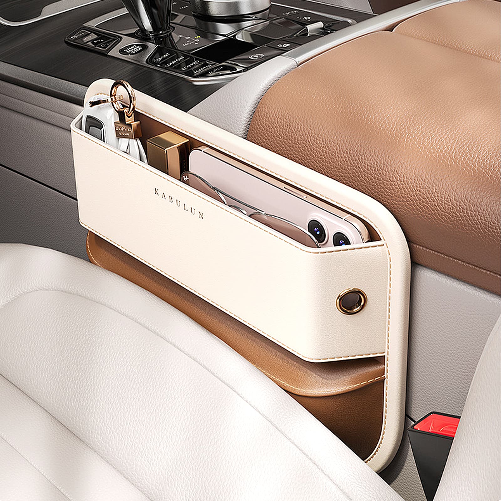 ReignSword Car Seat Gap Filler Organizer, Vegan Leather Car Seat Gap Storage Box, Front Seat Storage Organizer (Beige) - 5