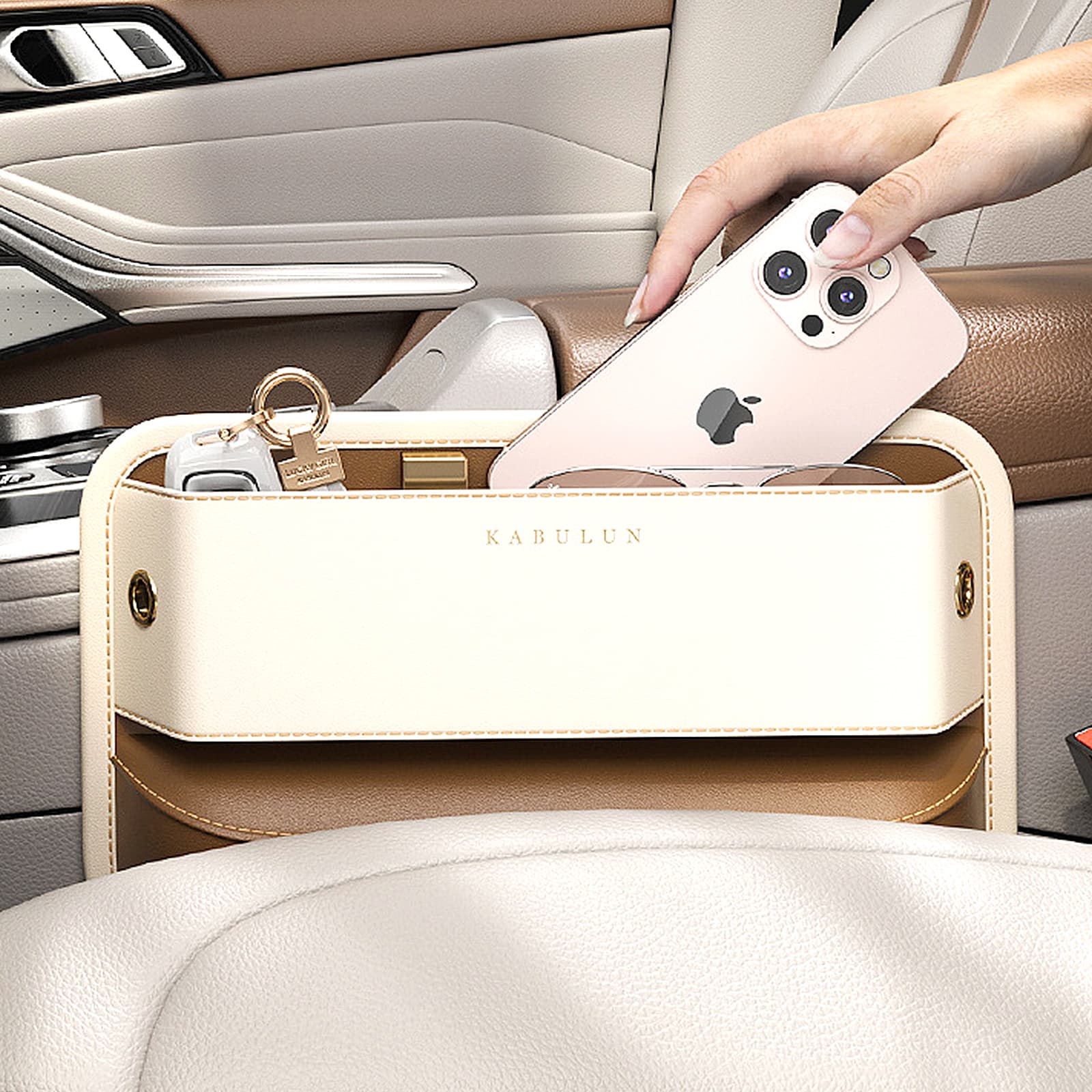 ReignSword Car Seat Gap Filler Organizer, Vegan Leather Car Seat Gap Storage Box, Front Seat Storage Organizer (Beige) - 4