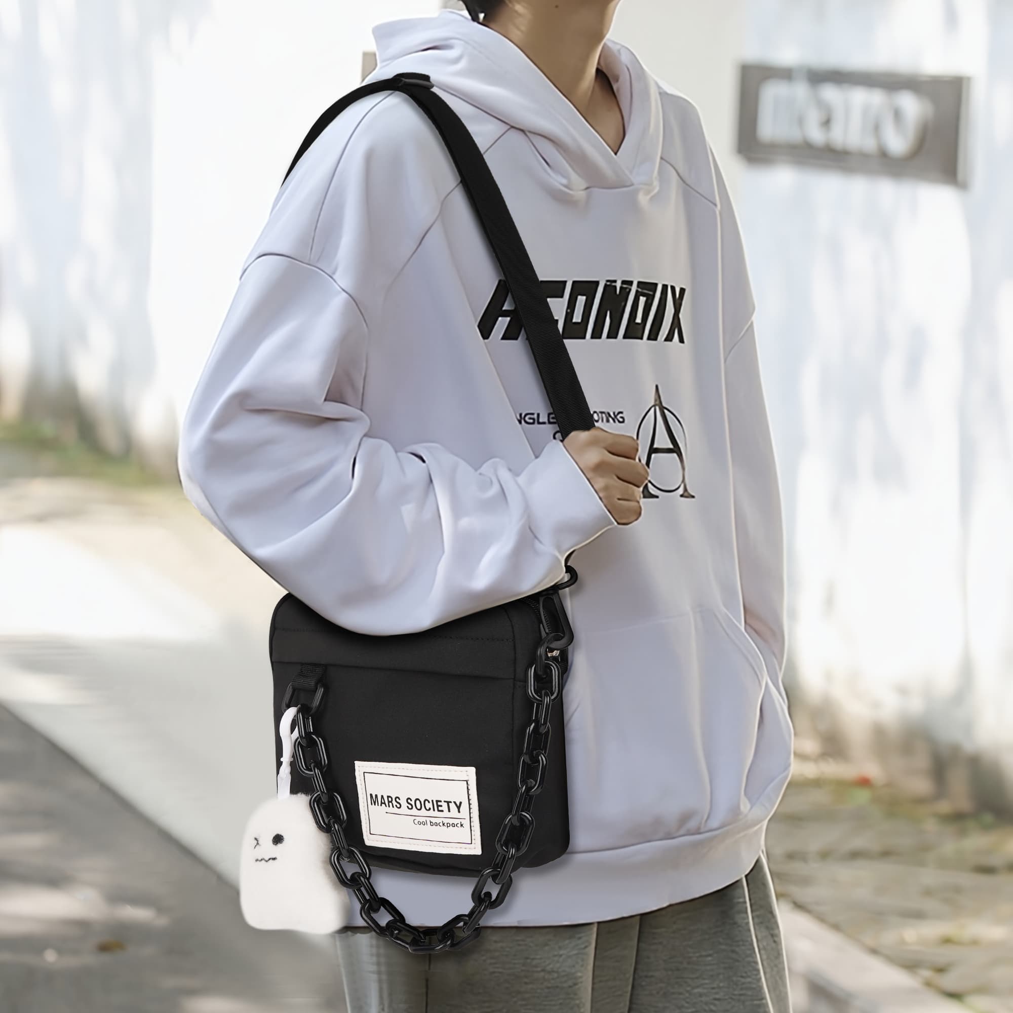 ReignSword Small Crossbody Messenger Bag for Women Men, Cute Nylon Shoulder Purse Bag with Detachable Ghost Pendant, Black - 2