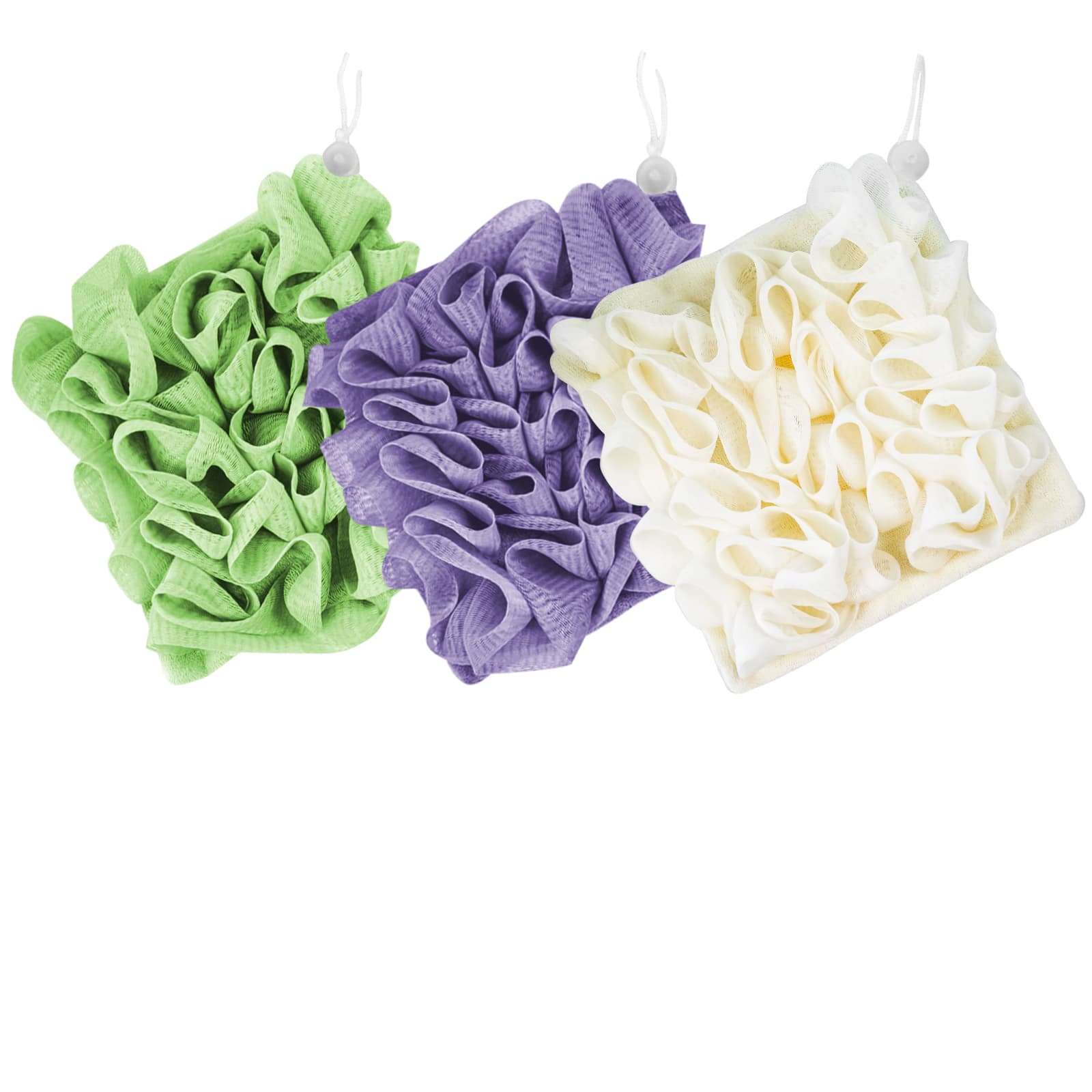 ReignSword 3 Pack 2-in-1 Washcloth Loofah Combo, Exfoliation Bath Loofah Sponge with Drawstring, Mesh Shower Ball for Body Wash and Cleanse Skin (Greeen+Purple+Beige) - 1
