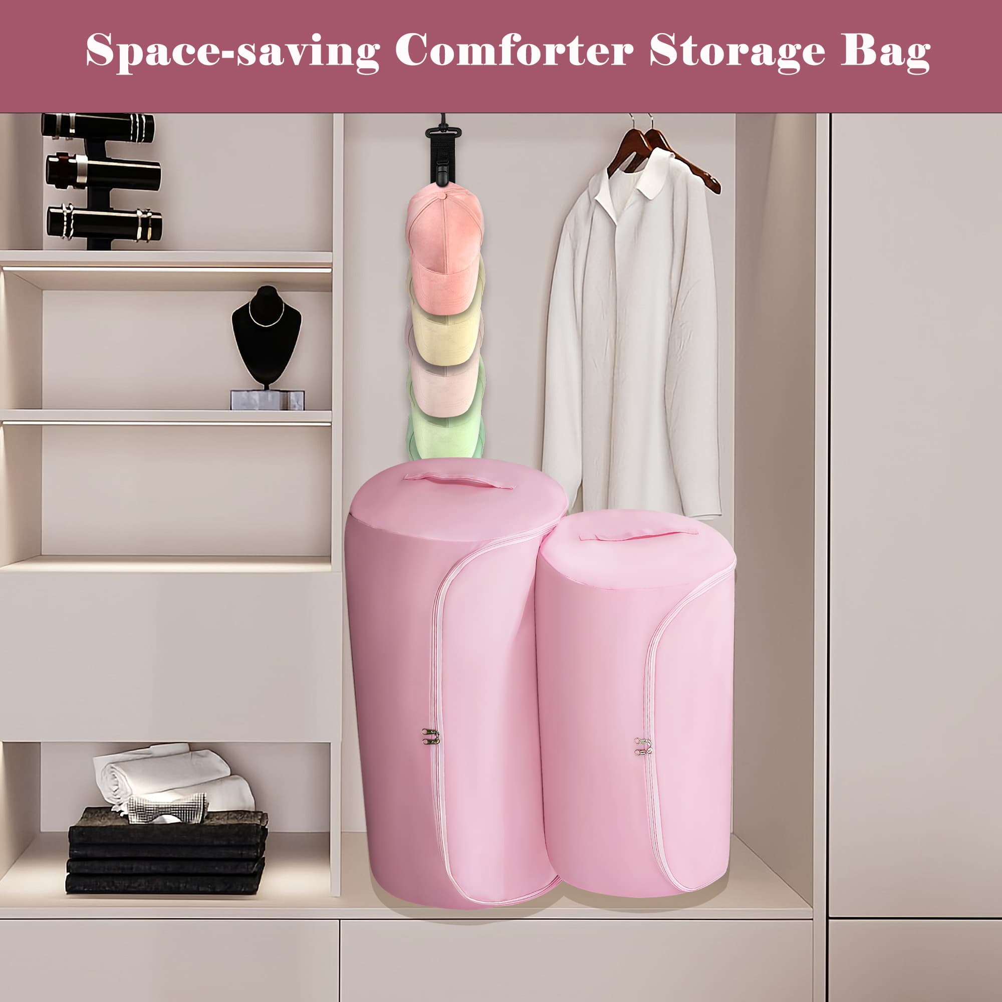 ReignSword 2 Pcs Large Capacity Storage Bag, Waterproof Bedding Organizer Bag with Zipper and Handle, Portable Container for Closet Comforter (Pink) - 5