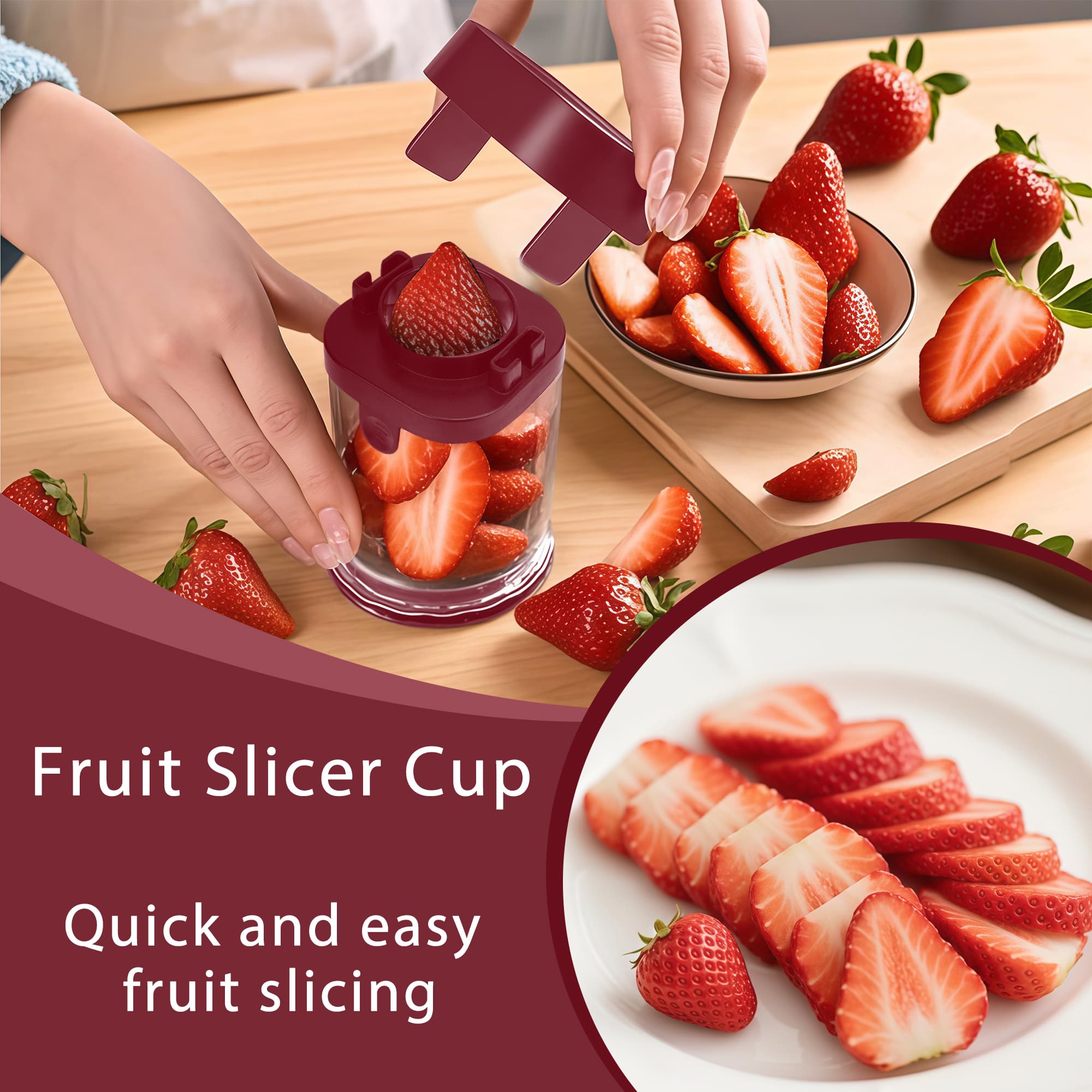 ReignSword Fruit Slicer Cup, Multi-Function Strawberry Slicer, Grape Cutter & Detachable Egg Dicer, Stainless Steel Speed Chopper for Cherry Tomatoes, Kitchen Gadget for Fruits & Vegetables (Red) - 5