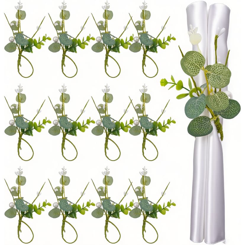 ReignSword Napkin Rings Set of 12, Eucalyptus Leaf Napkin Rings for Dining Table Decoration, Flower Napkins Rings Holder with Pearl for Farmhouse, Wedding Banquet Family Spring Banquet