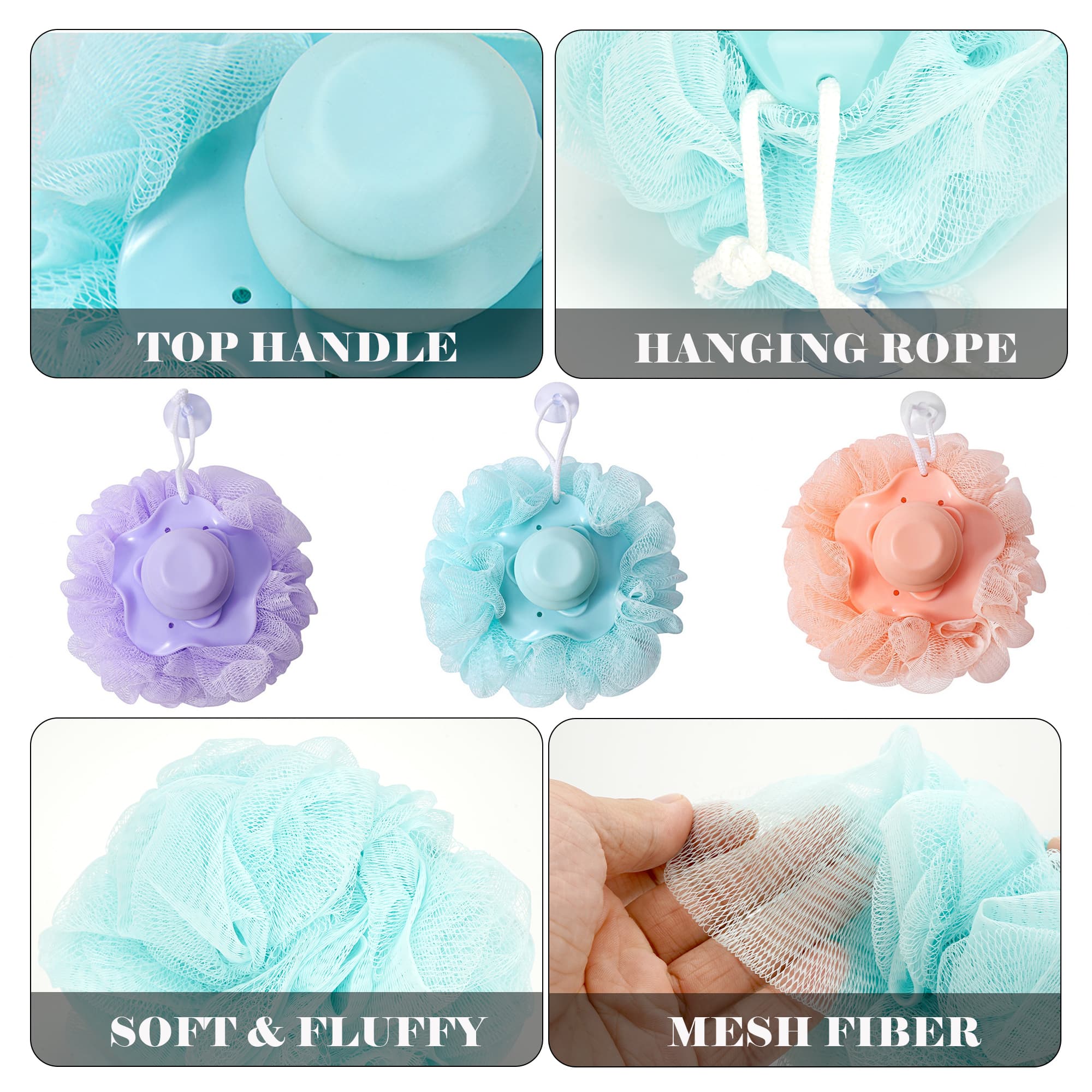 ReignSword 3 Pack Shower Loofah Bath Sponge with Soap Dispenser, Mesh Exfoliating Body Scrubber for Men and Women, Soft Body Wash Puff for Bathroom (Light Purple, Sky Blue, Orange) - 2