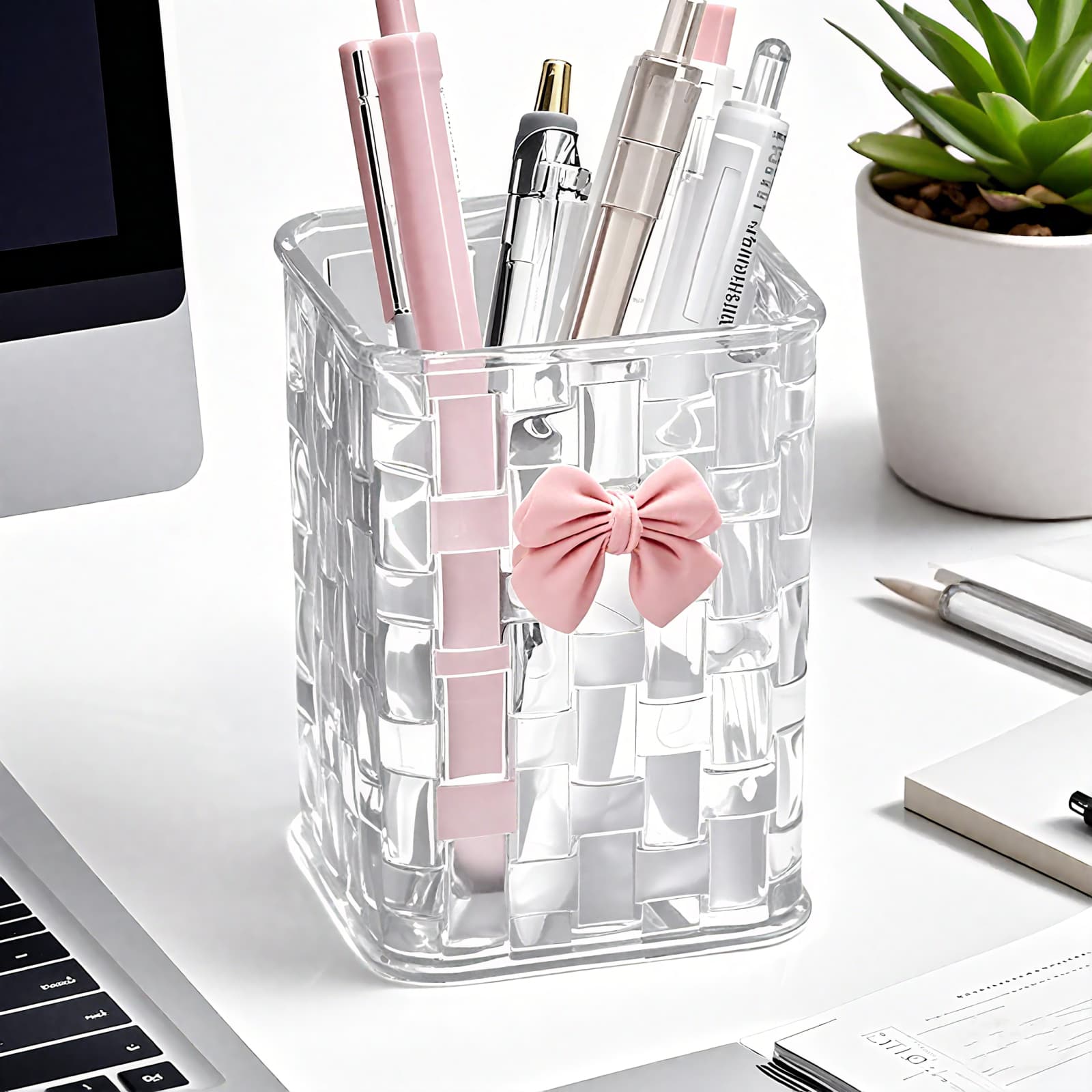 ReignSword Clear Pen Holder for Rattan Weaving Shape, Pen Organizer with Bow Decoration for Home and Office (Clear) - 4