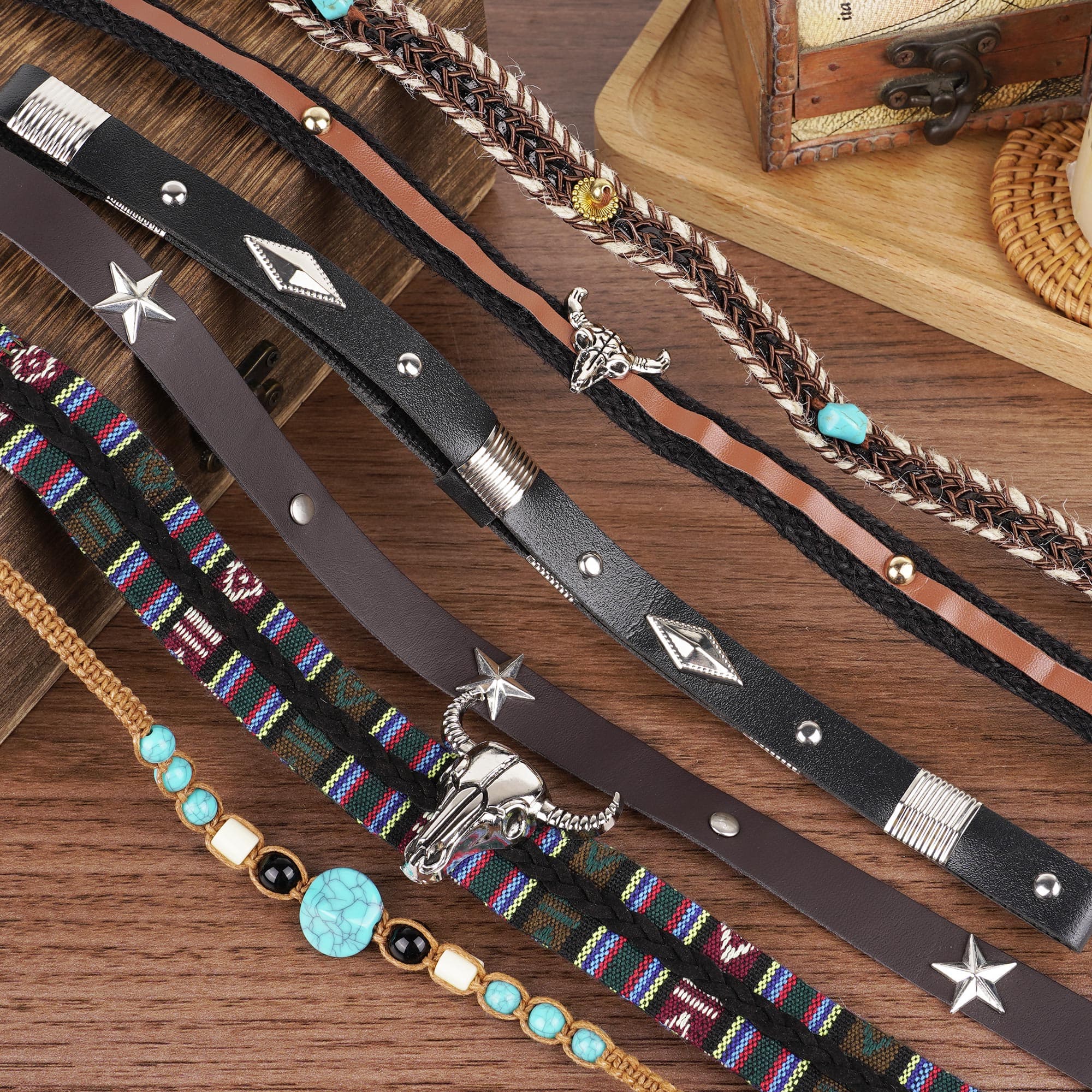 ReignSword 6 Pcs Cowboy Hat Band for Women and Men, Ethnic Western Hat Belts Beaded Decorative Bands, Dress or Hatbands Accessories - 1