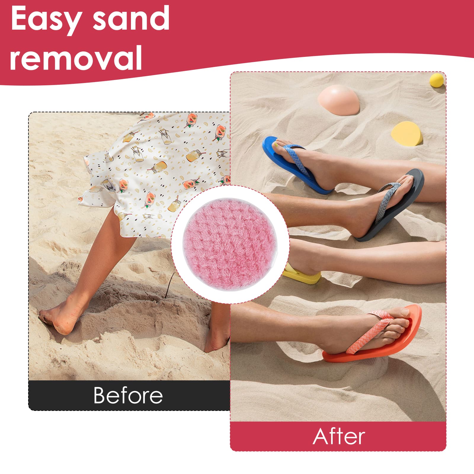 ReignSword Sand Remover for Beach, Reusable Sand Wipe Off Mitts with Carabiner, Talc-Free Sand Off Bags for Beach Vacation Camping Essentials (Pink) - 4