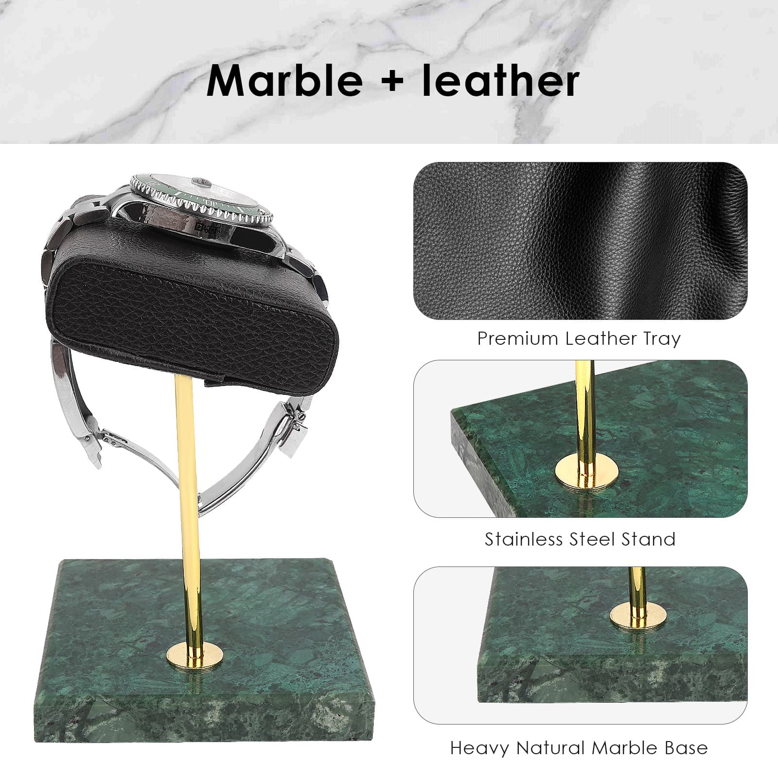 ReignSword Vegan Leather Watch Display Stand Holder, Single Watch Holder Watch Stand, Watch Holder with Marble Base (Green) - 2