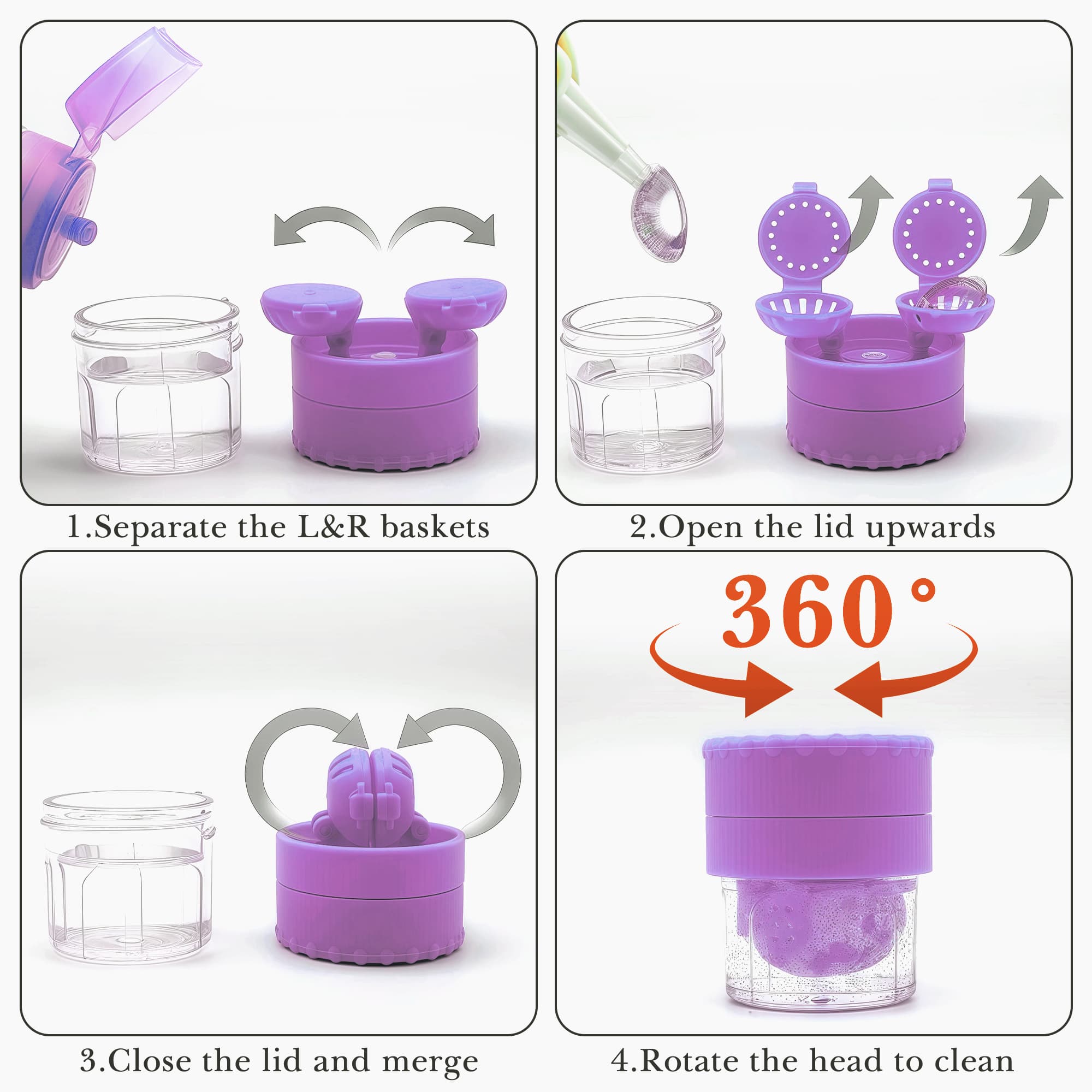 ReignSword 2 Pack Contact Lens Case with Manual Cleaner, Portable Travel Contact Cases Kit with Mirror for Daily & Outdoor Use,  Includes Solution Bottle Tweezers Cleaning Tool (White & Purple) - 2