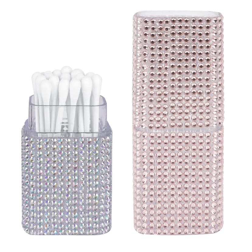 ReignSword 2 Pack Cotton Swab Holder for Travel, Portable Diamond Dental Floss Storage Box, Small Qtips Case Cosmetic Sponge Dispenser Container (Light Pink & Multicolor)