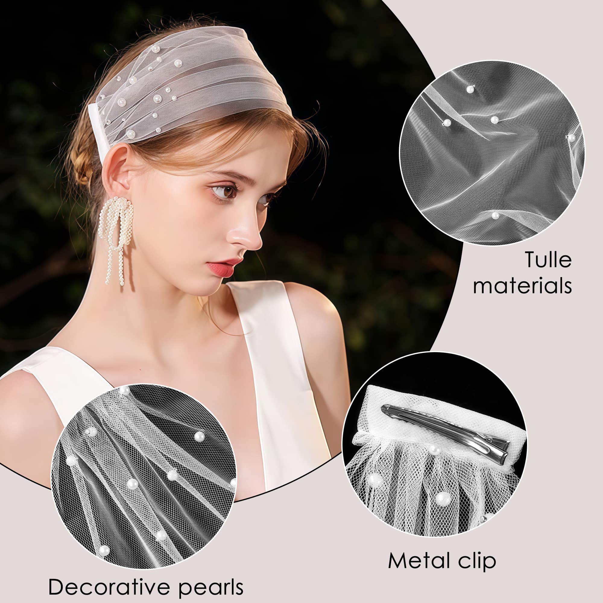 ReignSword 2 Pcs Mesh Veil Headband For Women, Bridal Wedding Tea Party Headwear Accessories with Pearl, Fascinator With Veil - 1