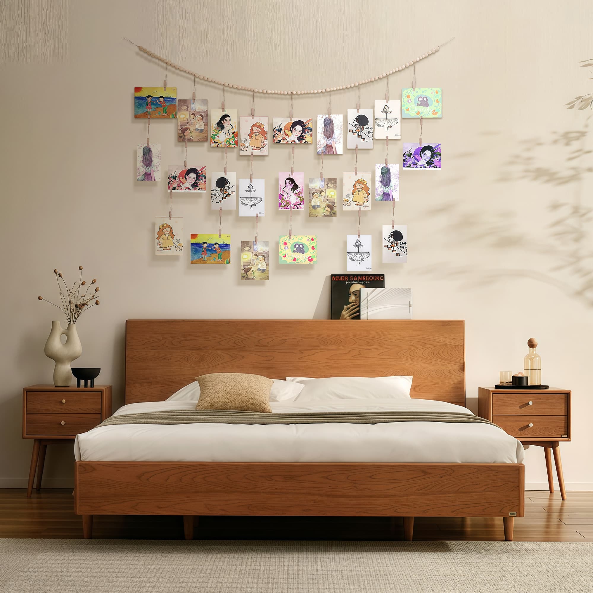 ReignSword Hanging Photo Display Stand Wall Decor with 36 Clips, Wooden Beads Display Holder for Bedroom or Office, Boho Style Photo Card Holder for Wall - 5