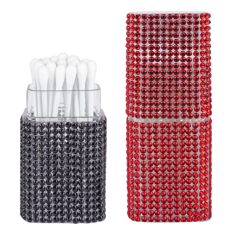 ReignSword 2 Pack Cotton Swab Holder for Travel, Portable Diamond Dental Floss Storage Box, Small Qtips Case Cosmetic Sponge Dispenser Container (Black & Red)