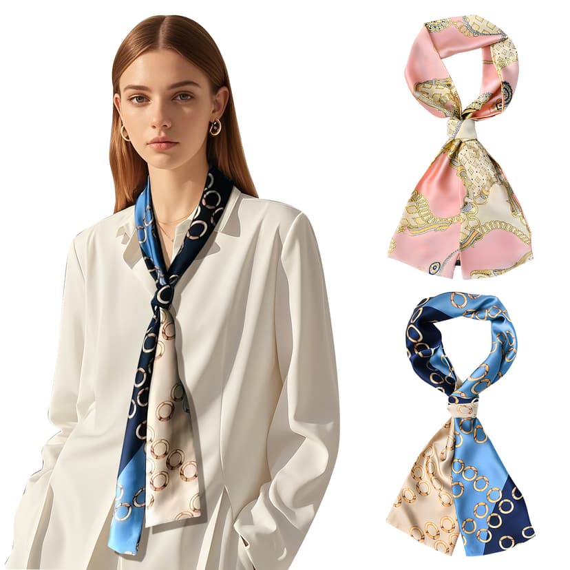 ReignSword Like Silk Neck Head Scarf for Women, Fashion Printed Neck Wrap, Hair Tie and Handbag Accessory, Lightweight Breathable 5.5 x 59 Inch Long Scarf (2 Pcs, Style Mix A)