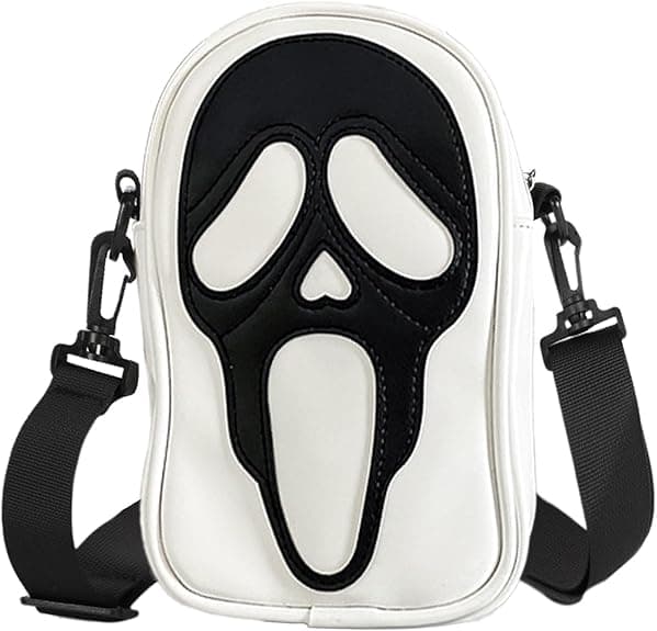 ReignSword Halloween Skull Face Messenger Bag, Vegan Leather Crossbody Bag, Novelty Ghost Purse Shoulder Bag (White)