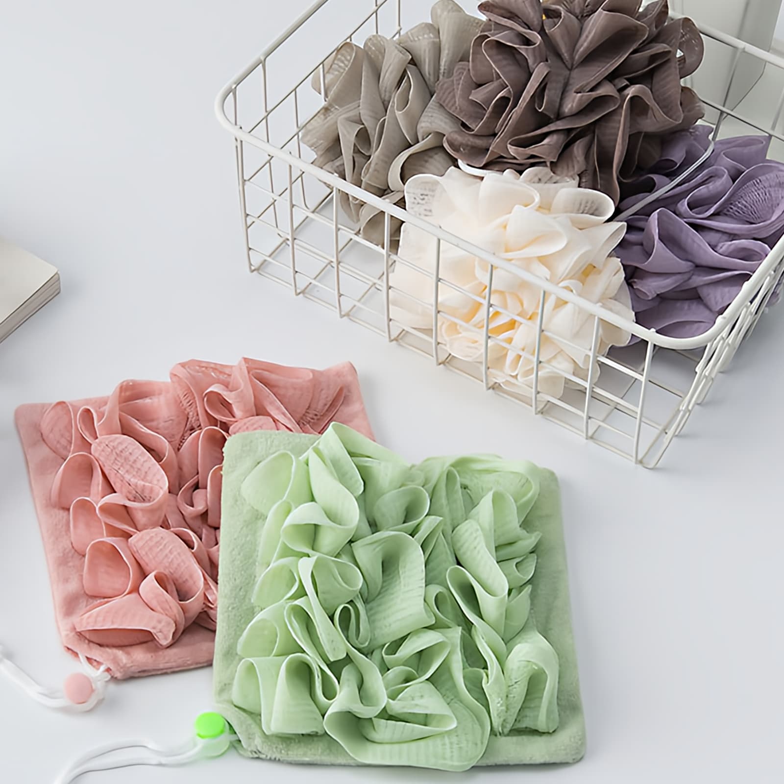 ReignSword 3 Pack 2-in-1 Washcloth Loofah Combo, Exfoliation Bath Loofah Sponge with Drawstring, Mesh Shower Ball for Body Wash and Cleanse Skin (Greeen+Purple+Beige) - 6