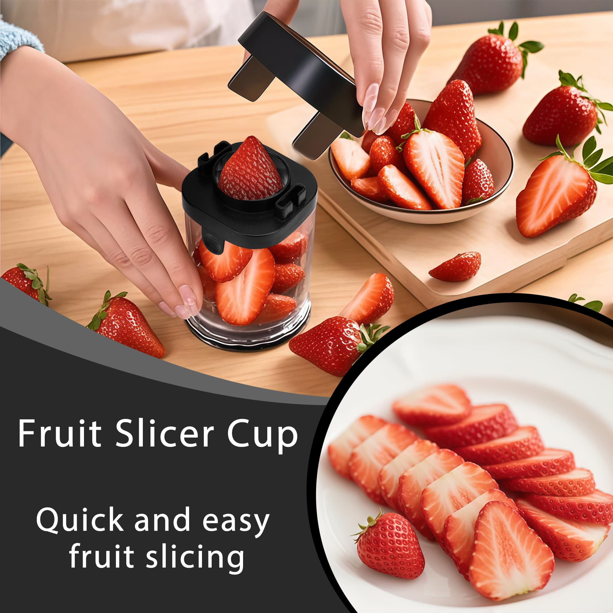 ReignSword Fruit Slicer Cup, Multi-Function Strawberry Slicer, Grape Cutter & Detachable Egg Dicer, Stainless Steel Speed Chopper for Cherry Tomatoes, Kitchen Gadget for Fruits & Vegetables (Black) - 3