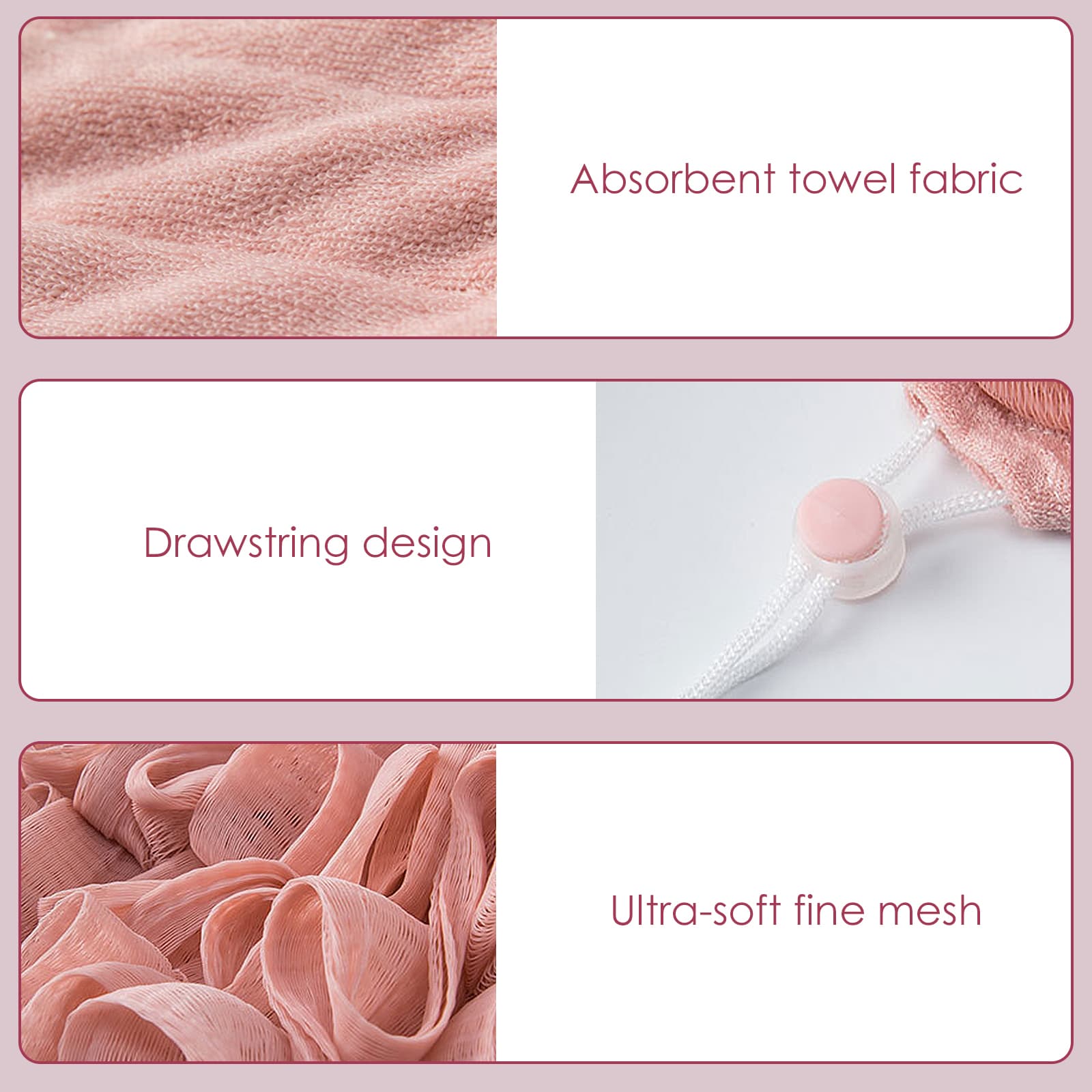 ReignSword 3 Pack 2-in-1 Washcloth Loofah Combo, Exfoliation Bath Loofah Sponge with Drawstring, Mesh Shower Ball for Body Wash and Cleanse Skin (Khaki+Brown+Pink) - 2