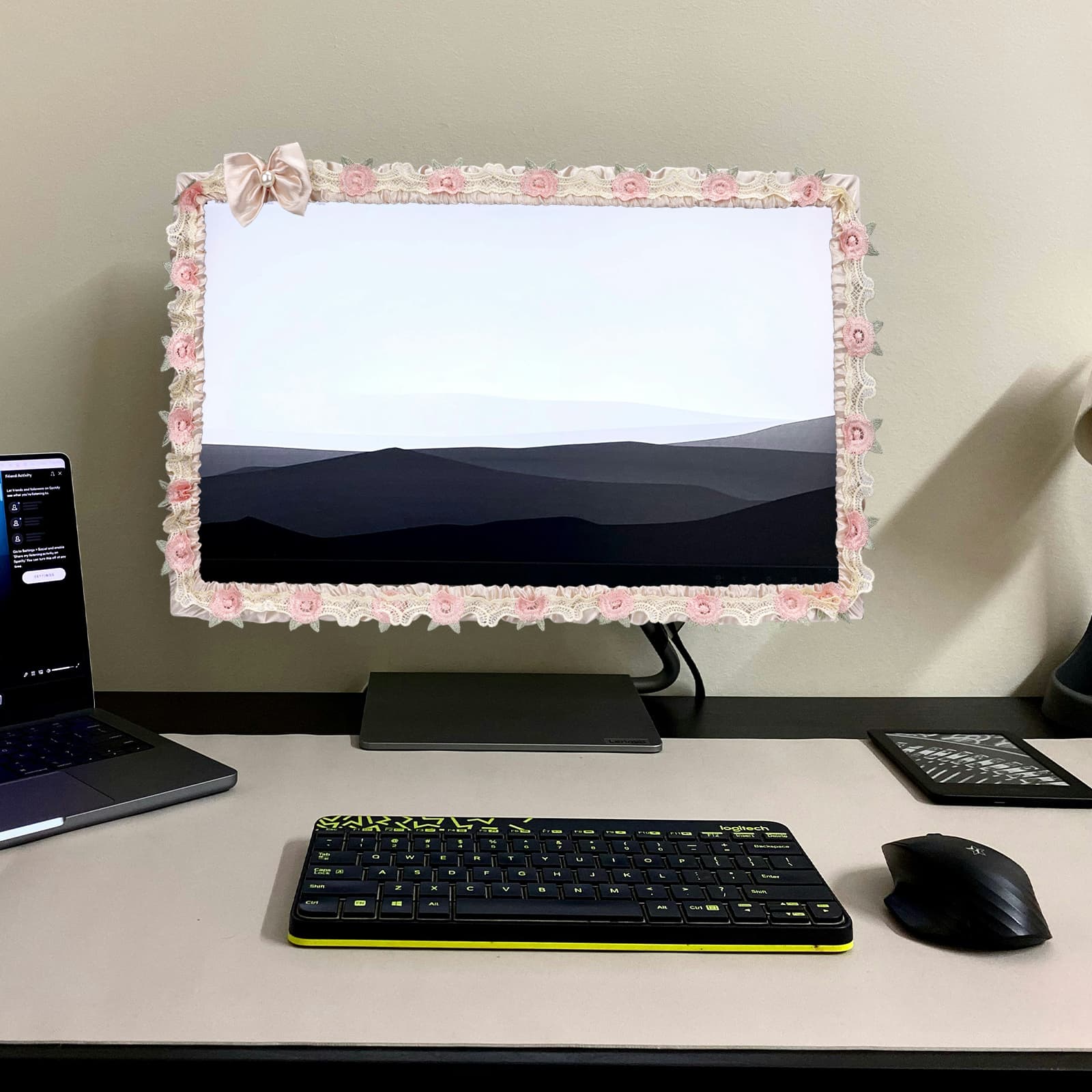 ReignSword 2 Pcs 23''-26'' Cute Computer Monitor Cover with Bow Tie, Lovely Computer Accessories with Lace Design, Monitor Dust Cover Protector (Beige) - 5