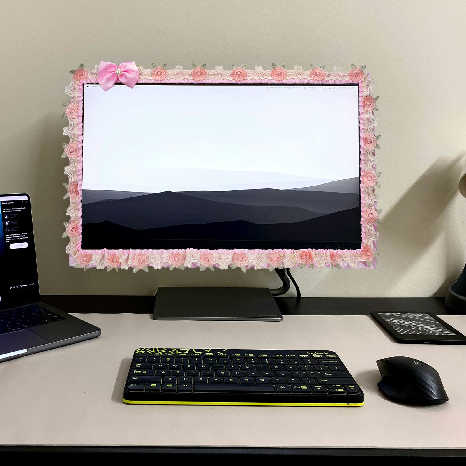 ReignSword 2 Pcs 23''-26'' Cute Computer Monitor Cover with Bow Tie, Lovely Computer Accessories with Lace Design, Monitor Dust Cover Protector (Pink) - 4