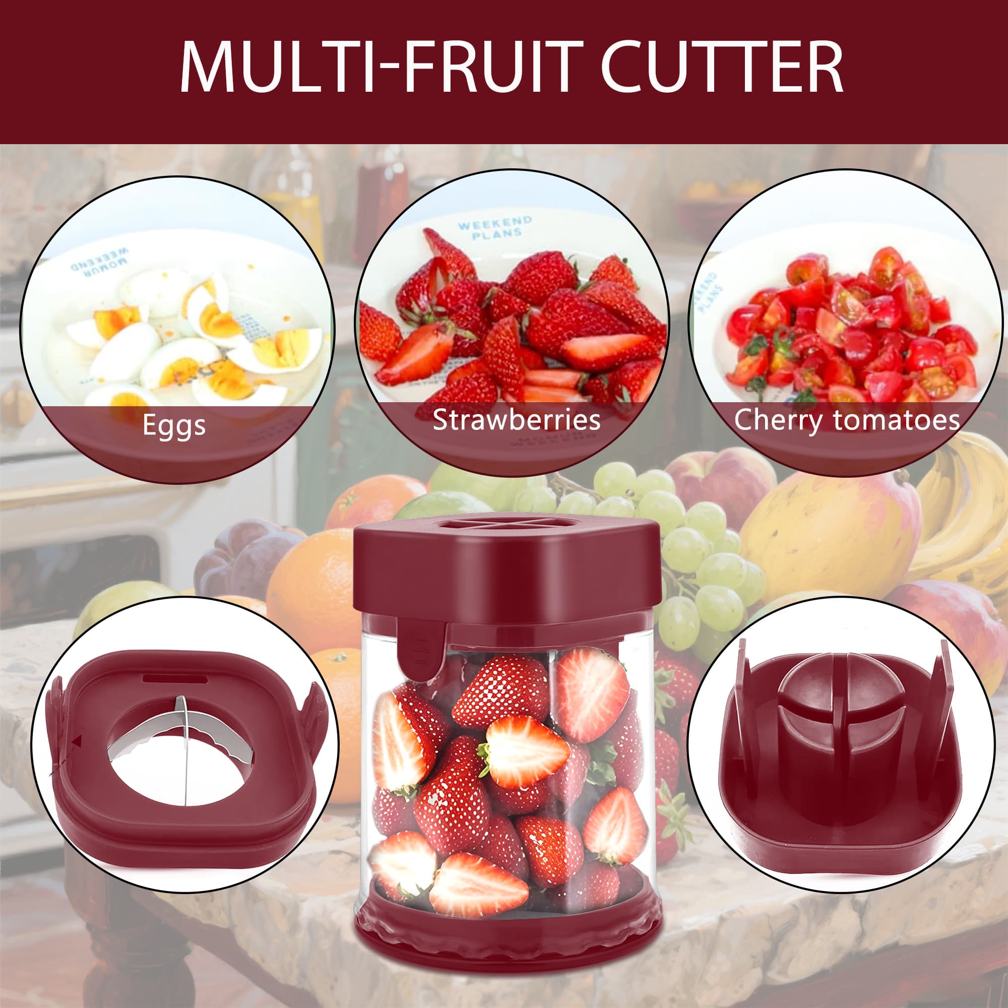 ReignSword Fruit Slicer Cup, Multi-Function Strawberry Slicer, Grape Cutter & Detachable Egg Dicer, Stainless Steel Speed Chopper for Cherry Tomatoes, Kitchen Gadget for Fruits & Vegetables (Red) - 3