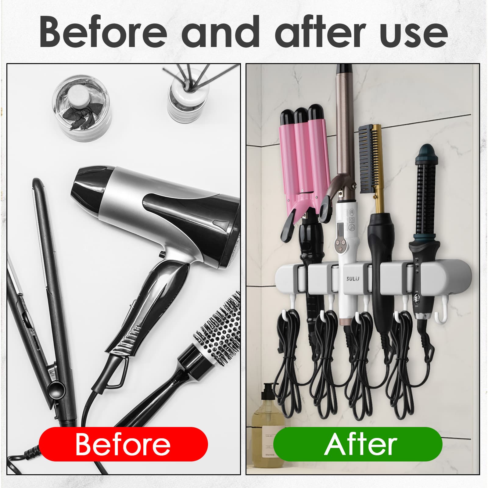 ReignSword Hair Straightener Holder Wall Mounted, Adhesive Curling Iron Holder for Bathroom, 4 Racks and 5 Hooks Hair Tool Organizer for Flat Irons, Curling Wands (Grey) - 4