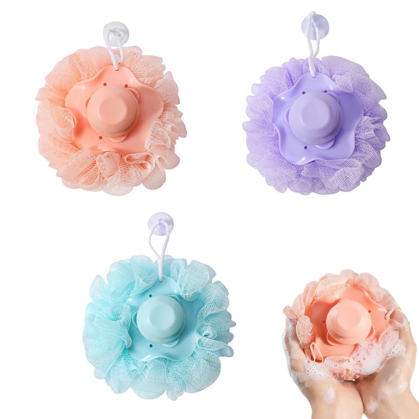 ReignSword 3 Pack Shower Loofah Bath Sponge with Soap Dispenser, Mesh Exfoliating Body Scrubber for Men and Women, Soft Body Wash Puff for Bathroom (Light Purple, Sky Blue, Orange)