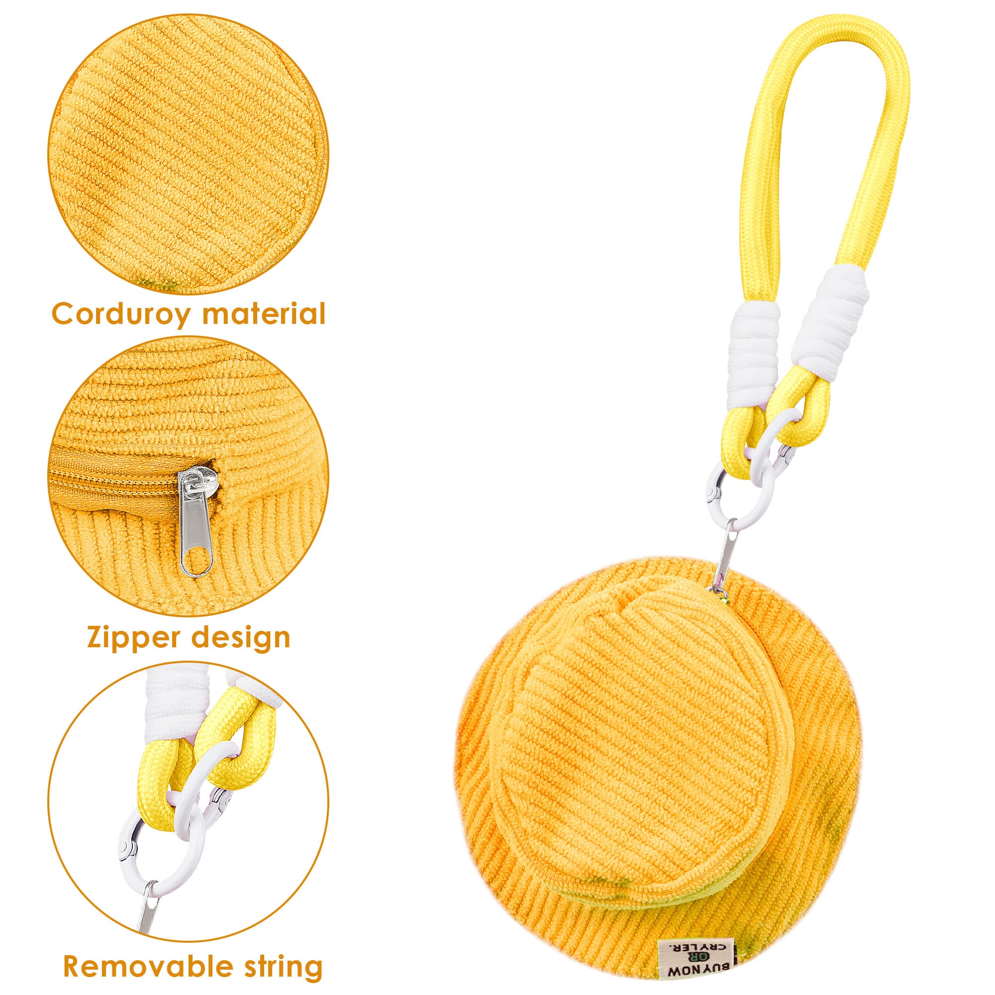 ReignSword Corduroy Coin Purse with KeyChain, Cute Fisherman Hat Keychain for Women, Portable Mini Wallet Suitable for Coin Headphones (Yellow) - 2