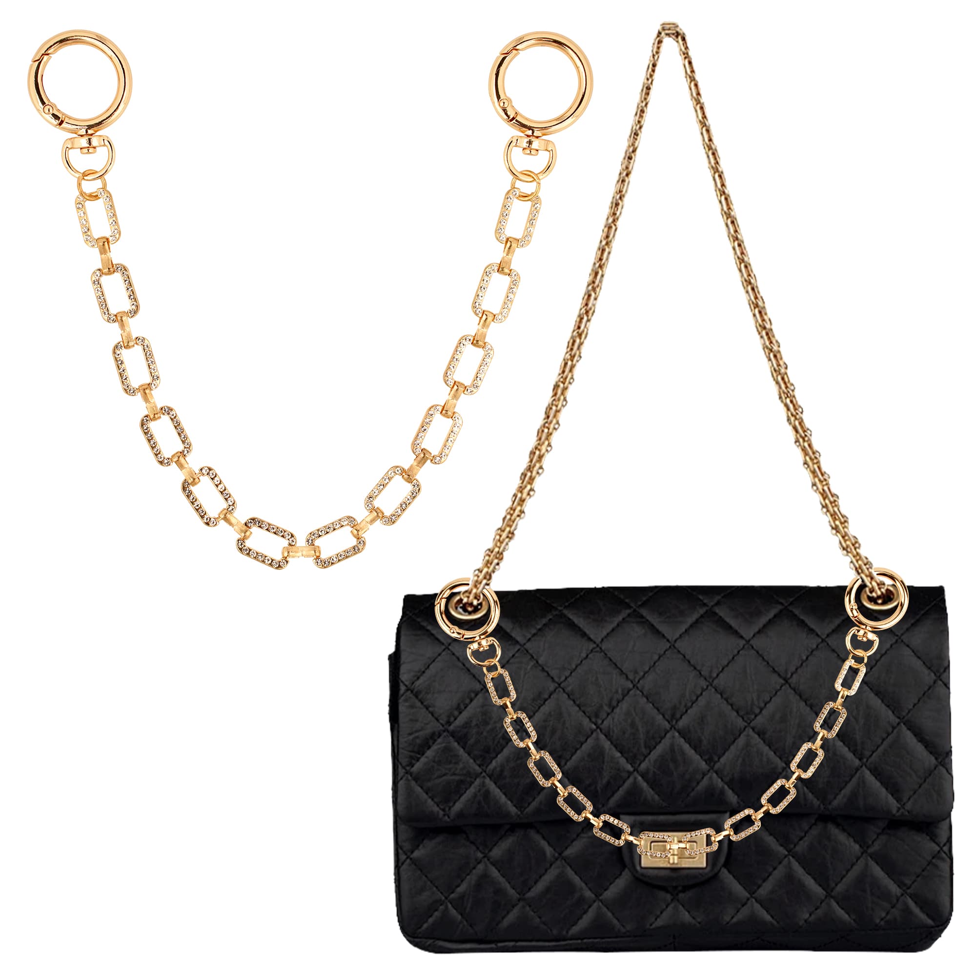 ReignSword Bag Accessory Chain for Women, Brilliant Zircon Square Link Purse Extender, Handbag Decor Strap for Wedding Evening Party (Gold, 12.2 Inch) - 1