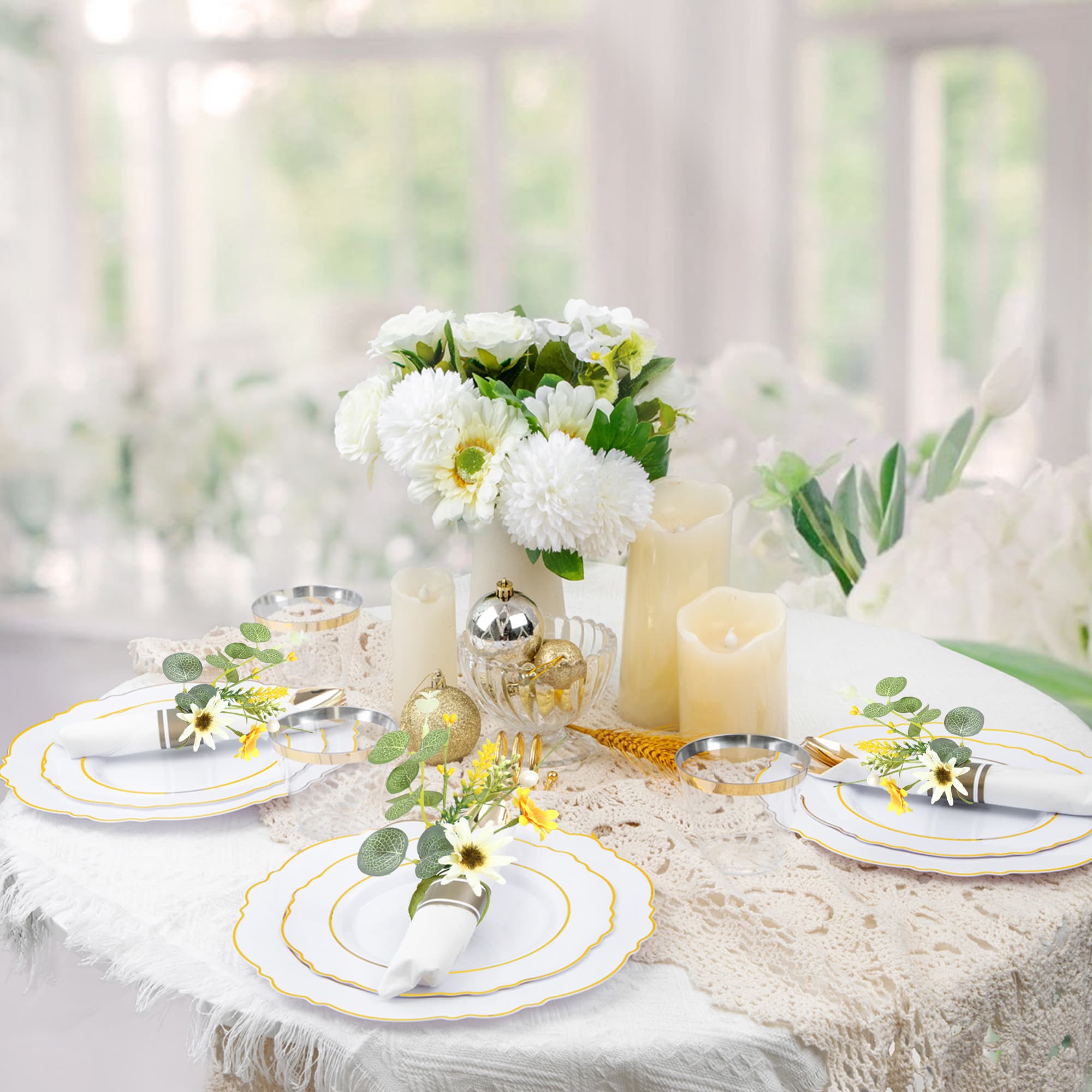 ReignSword 12 Pack Daisy Rustic Napkin Rings, Eucalyptus Leaves Flower Napkin Ring Holder with Pearl, Farmhouse Table Decor for Christmas Thanksgiving Wedding - 5