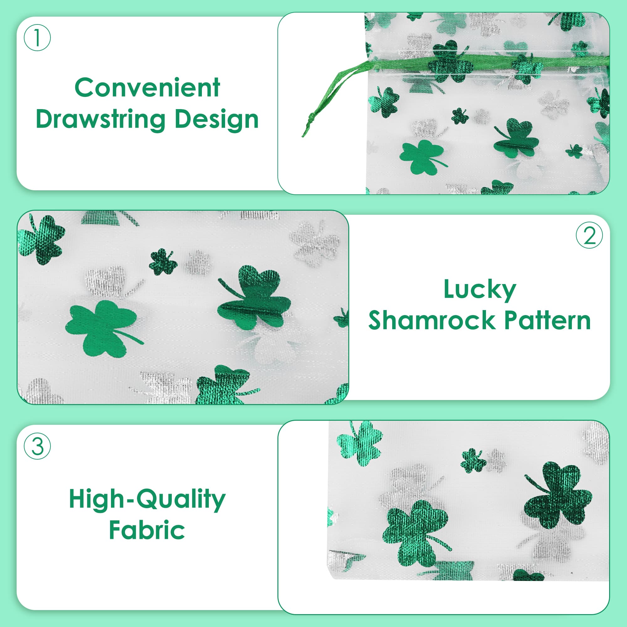 ReignSword 50 Pcs St. Patrick's Day Organza Gift Bags, Shamrock Clover Green Drawstring Mesh Treat Pouches, Goodie Bag for Party Favors, Candy, Jewelry (7 x 5 Inch) - 2