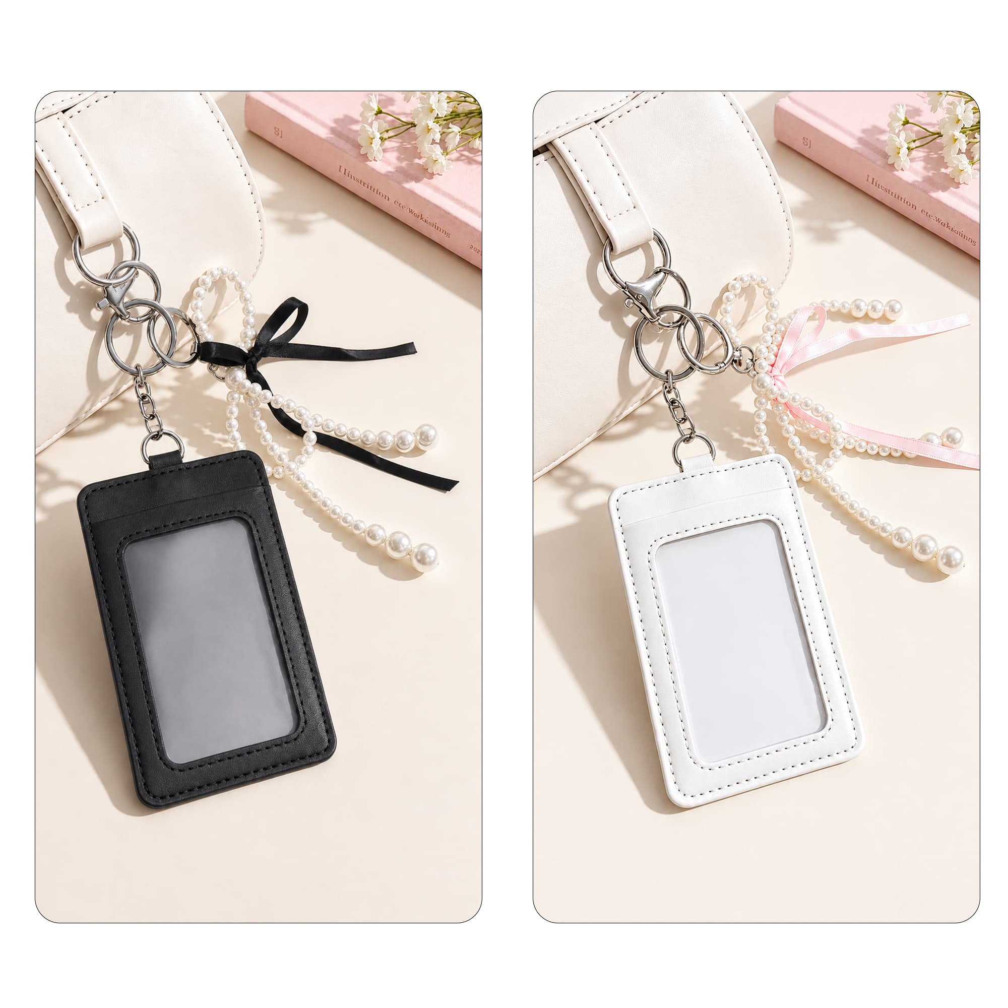 ReignSword 2-Pack Photocard Holder with Pearl Bow, Vegan Leather Cute Badge Holders, Transparent Photo Card Display Case for Bus Bank ID Cards (4.3" x 2.8", Black & White) - 6