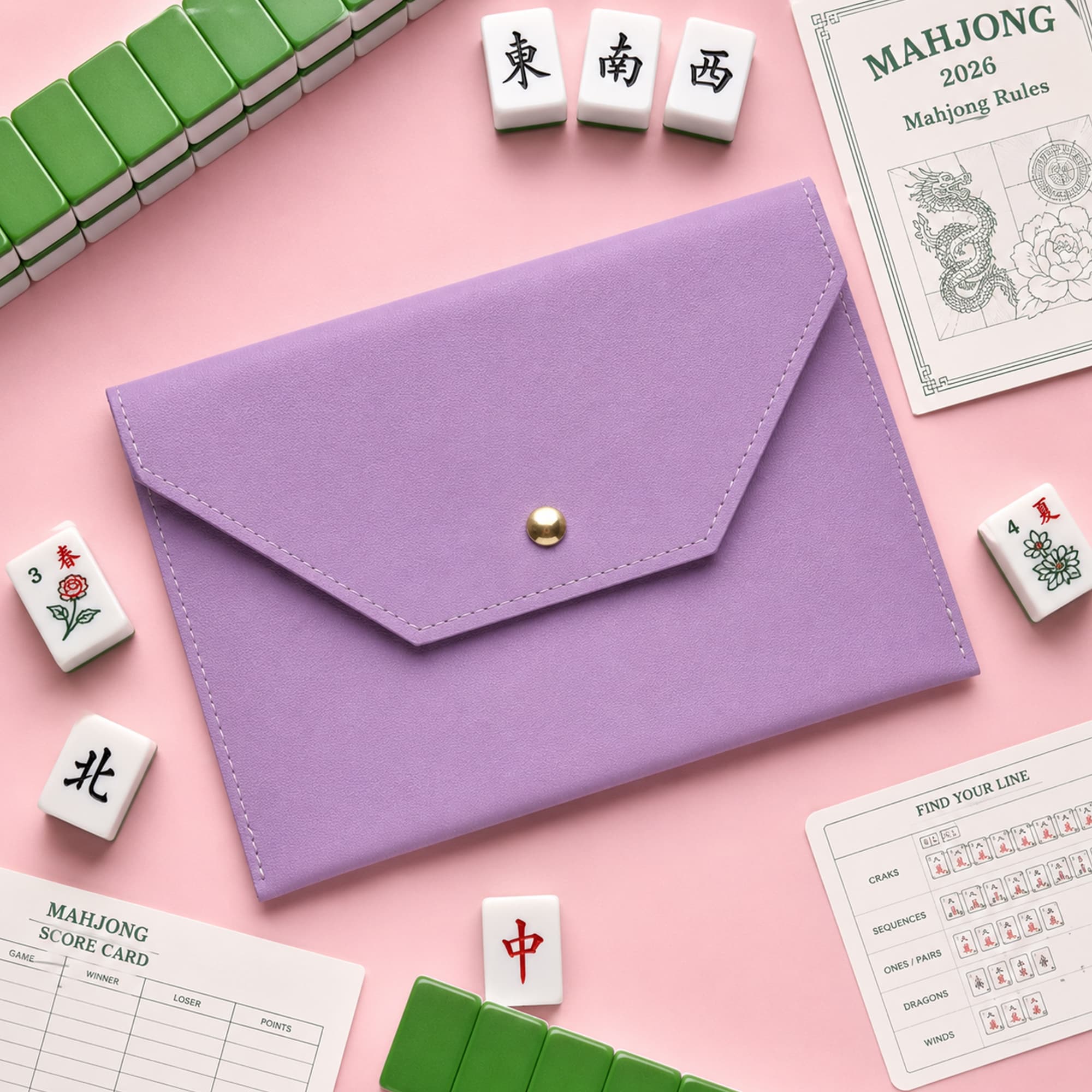 ReignSword Mahjong Card Holder, PU Vegan Leather 2026 Mahjong Storage Bag, Snap Button Standard Hands Rules Card Organizer, 8.66 x 5.71 Inch, Purple - 3