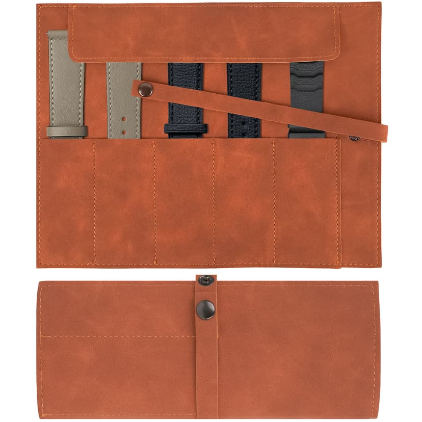 ReignSword Vegan Leather Watch Band Storage Case, Waterproof Watch Strap Roll Organizer with 5 Slots, Travel Accessories Pouch Compatible with Apple/Garmin/Samsung Watch Bands (Orange)