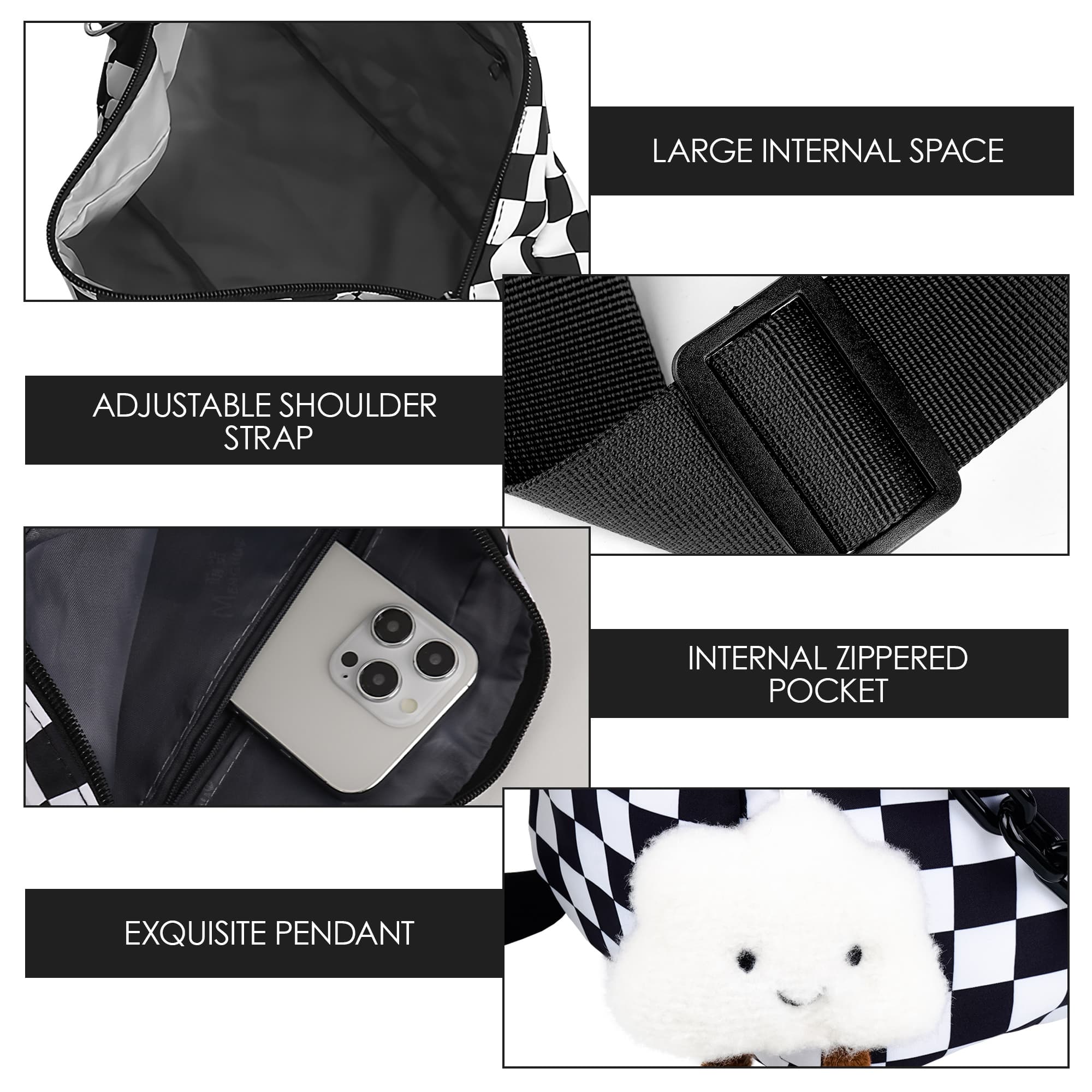 ReignSword Large Capacity Messenger Purse with Adjustable Strap, Nylon Crossbody Sling Shoulder Bag for Women Men, Checkered - 2