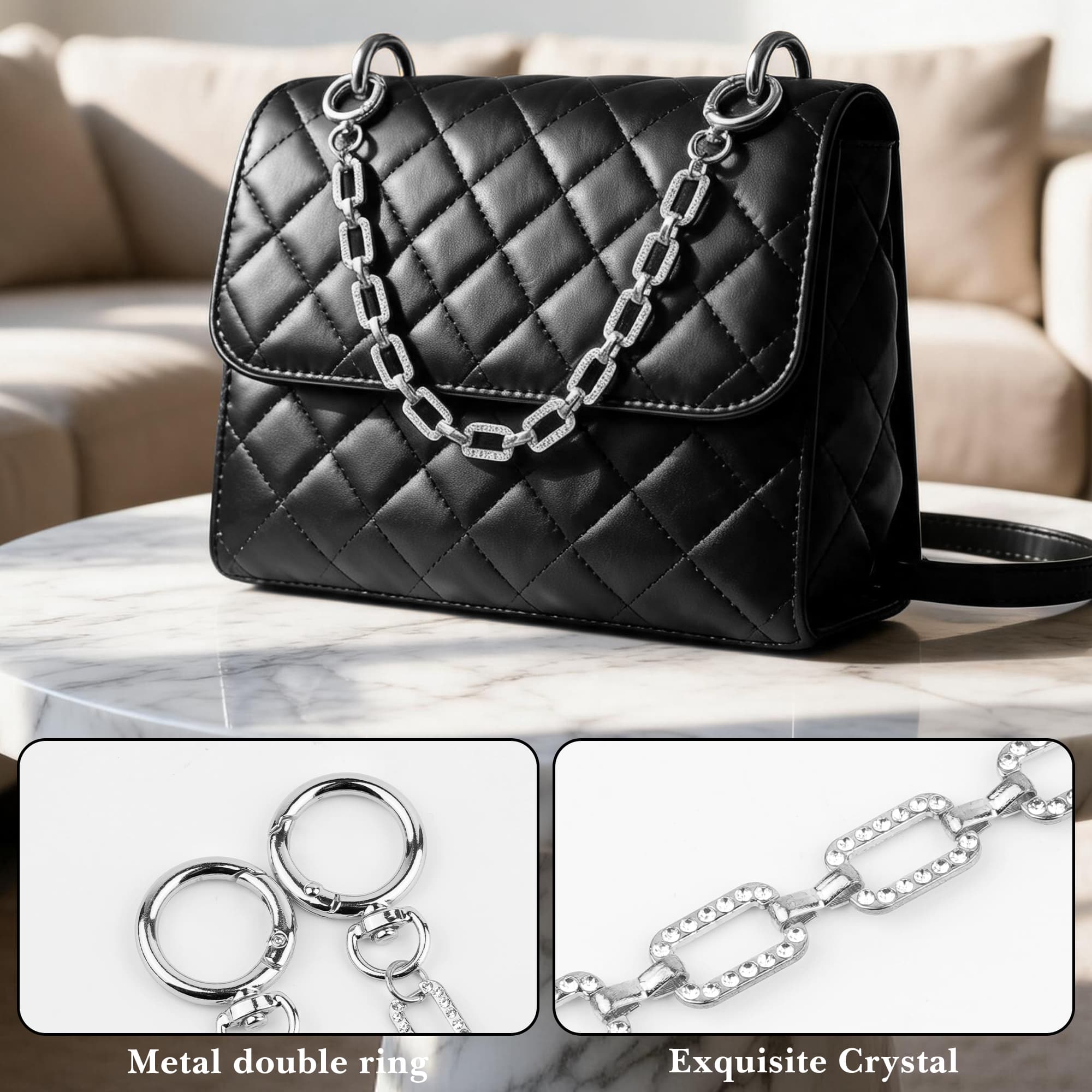 ReignSword Bag Accessory Chain for Women, Brilliant Zircon Square Link Purse Extender, Handbag Decor Strap for Wedding Evening Party (Silver, 12.2 Inch) - 2