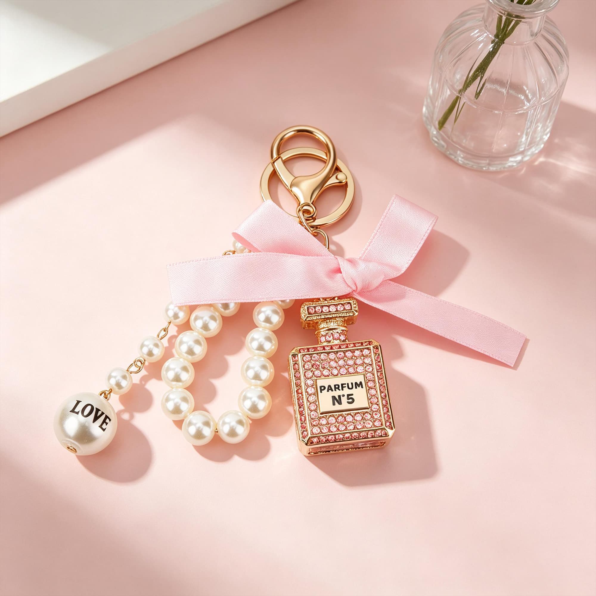 ReignSword Pearl Bow Perfume Purse Keychain for Women, Elegant Crystal Perfume Bottle Key Ring, Bling Car Key Chain & Handbag Charm (Pink) - 5