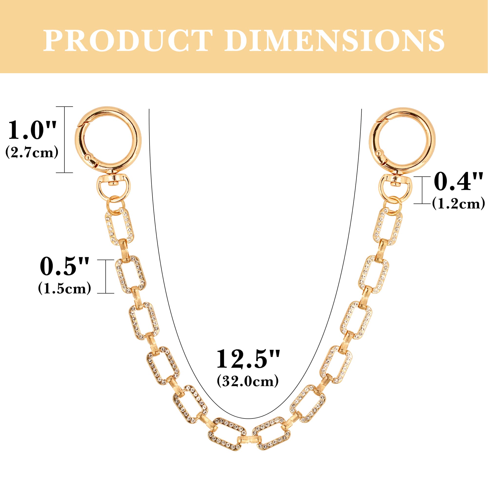 ReignSword Bag Accessory Chain for Women, Brilliant Zircon Square Link Purse Extender, Handbag Decor Strap for Wedding Evening Party (Gold, 12.2 Inch) - 2