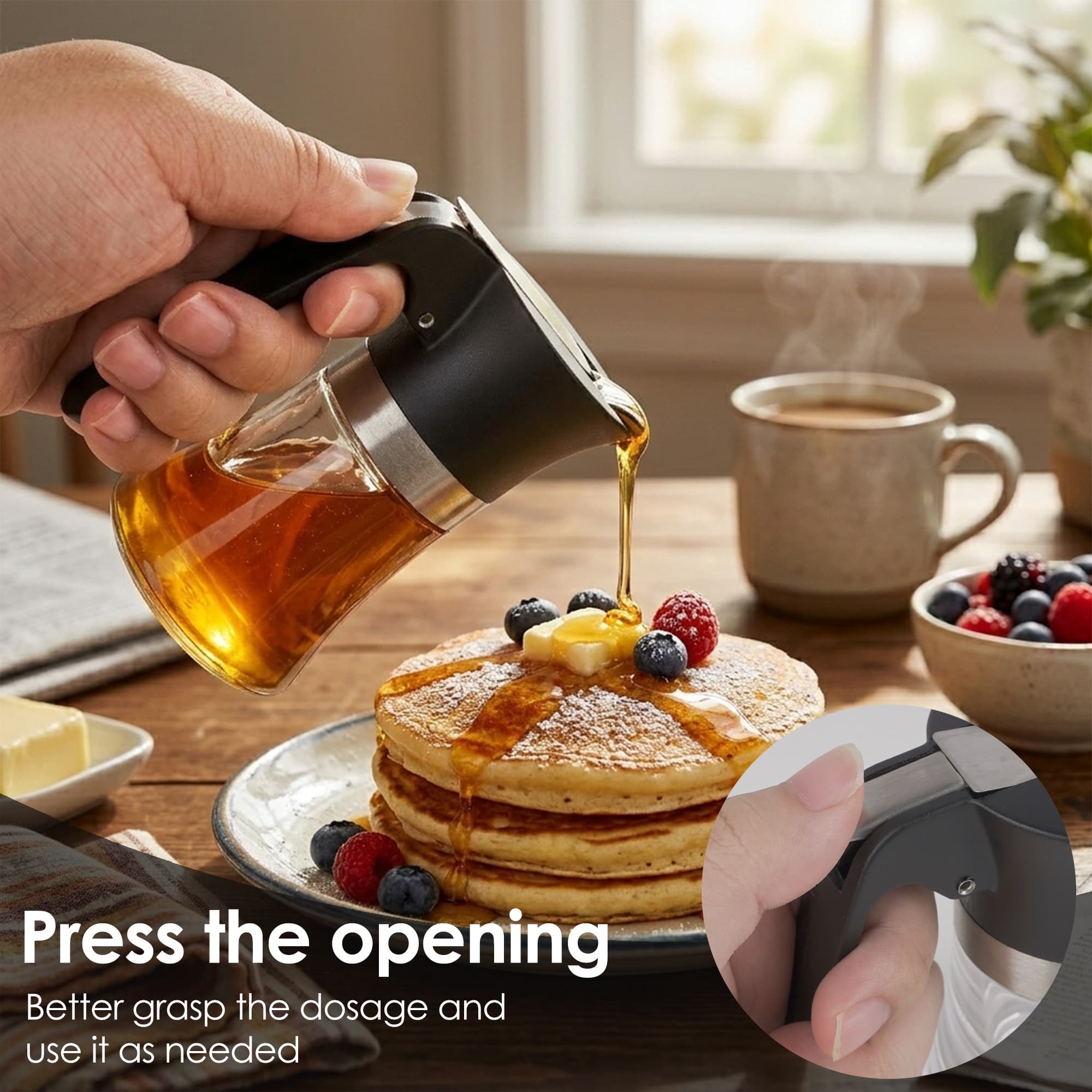 ReignSword 3.38 Oz Acrylic Maple Syrup Dispenser, No-Drip Honey Container with Non-Slip Handle, Clear Syrup Bottles for Oil, BBQ Sauce, Pancake & Waffle Accessories - 1