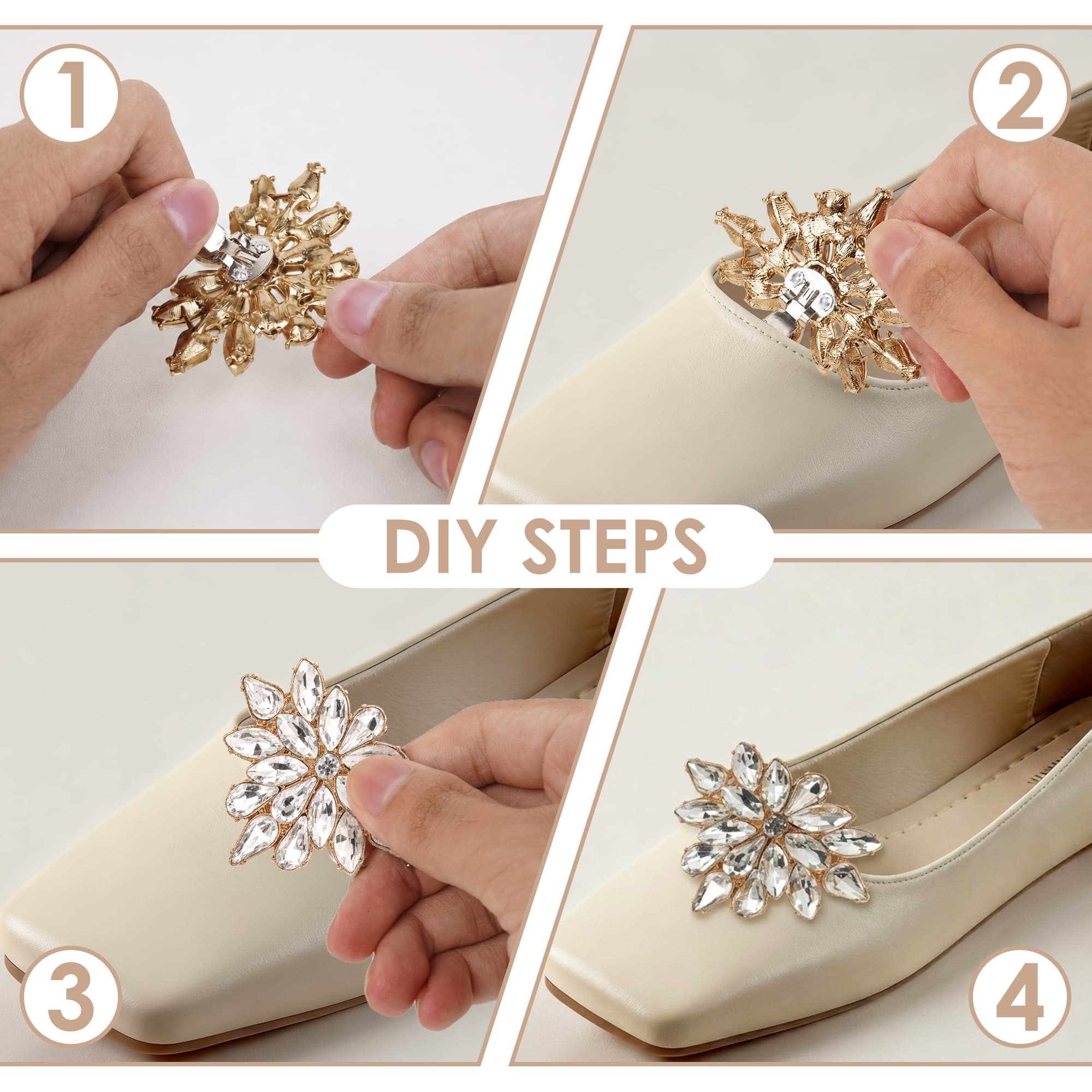 ReignSword 4 Pcs Rhinestone Shoe Clips, Detachable Pearl Bow Shoes Charms, Elegant Crystal Buckles for Women Dress Shoes, Shoe Decorative Accessories for Wedding Prom Party (Gold) - 6