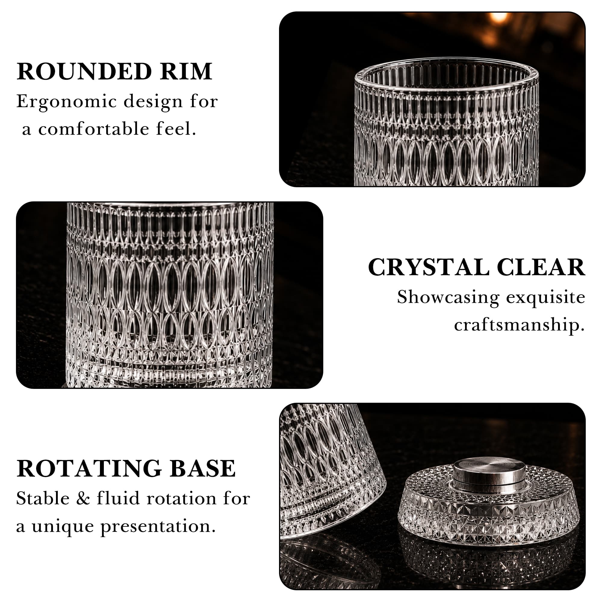 ReignSword Rotating Crystal Whiskey Glass Set, 9oz Spinning Old Fashioned Tumbler with Engraved Design, Stress Relief Cocktail Cup for Men Home Bar (Teardrop) - 4