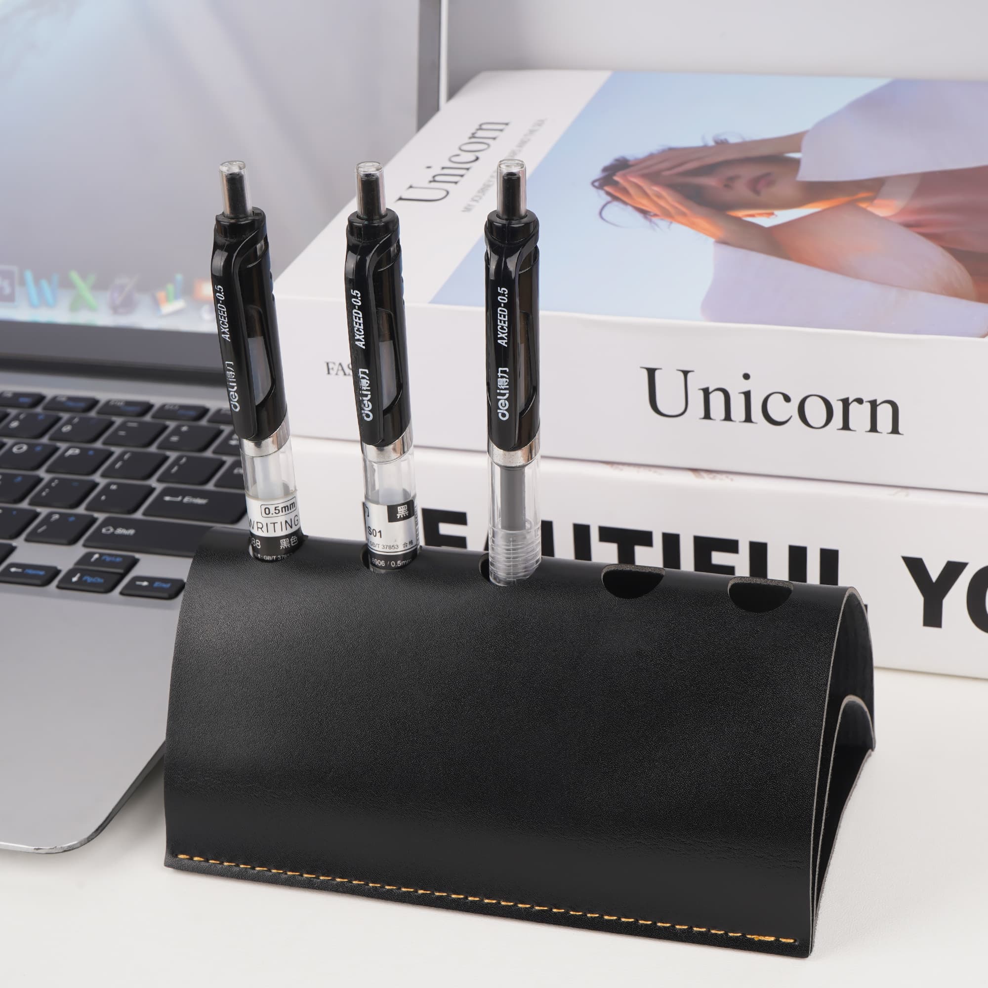 ReignSword Pen Holder for Desk, Vegan Leather Pencil Holder Stand Display Rack with 5 Slots, Portable Pen Organizer for Office (Black) - 3